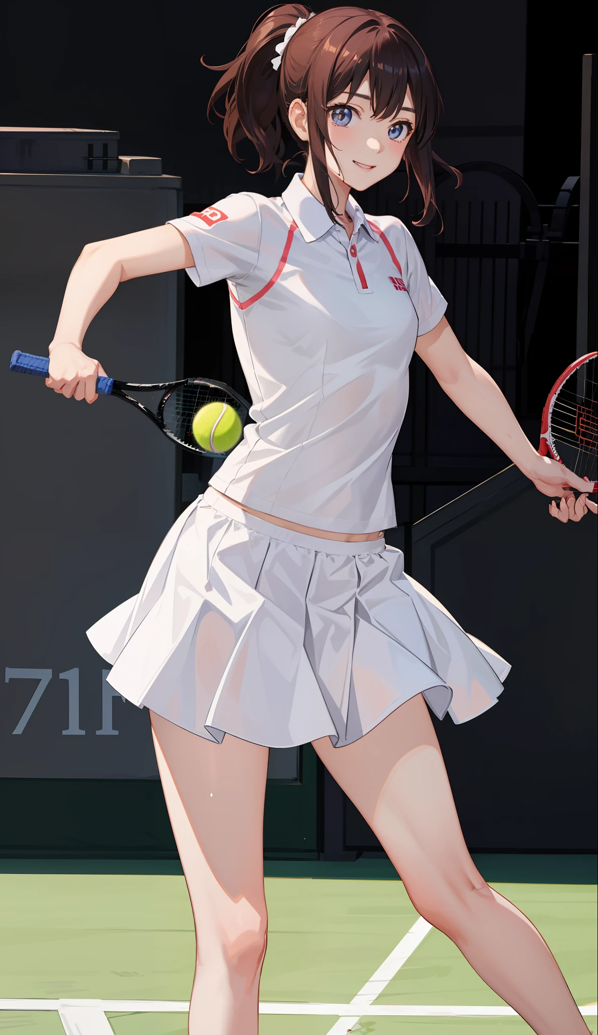 １The girls、Shirts、pleatedskirt、、Bob Hair Style、A smile、A delightful!、japanes、enmaided、Chromo-white skin、Beautiful eyes、（small tits）、Playing tennis、Wimbledon、Wearing white tennis wear、电影灯光、