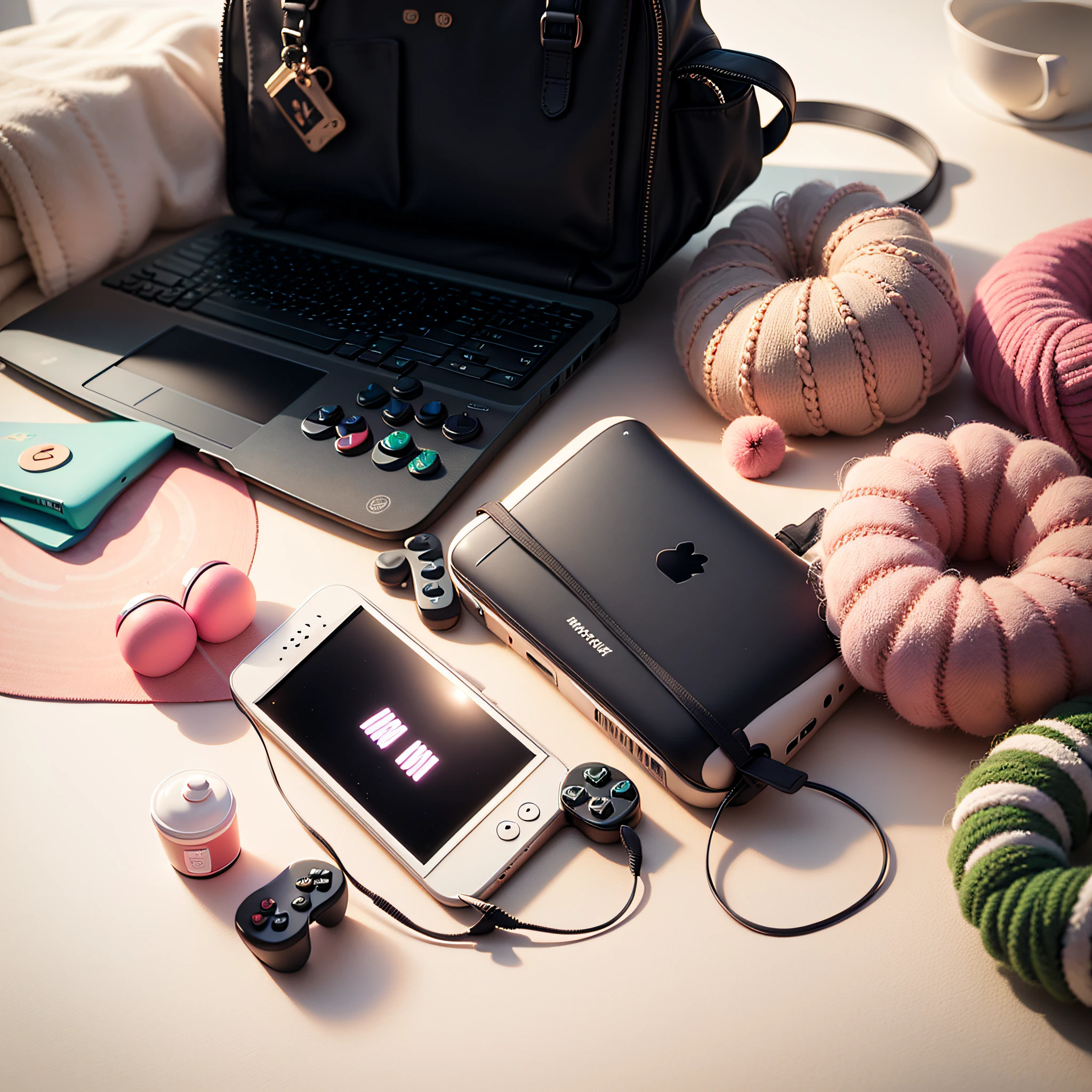On a white desk,On the white table lay a bag,A Nintendo controller,Next to it is a pink laptop, Simple and clean, Shooting in bright spaces, full - view, Top view, a wide full shot, Nice composition,Nordic style shooting