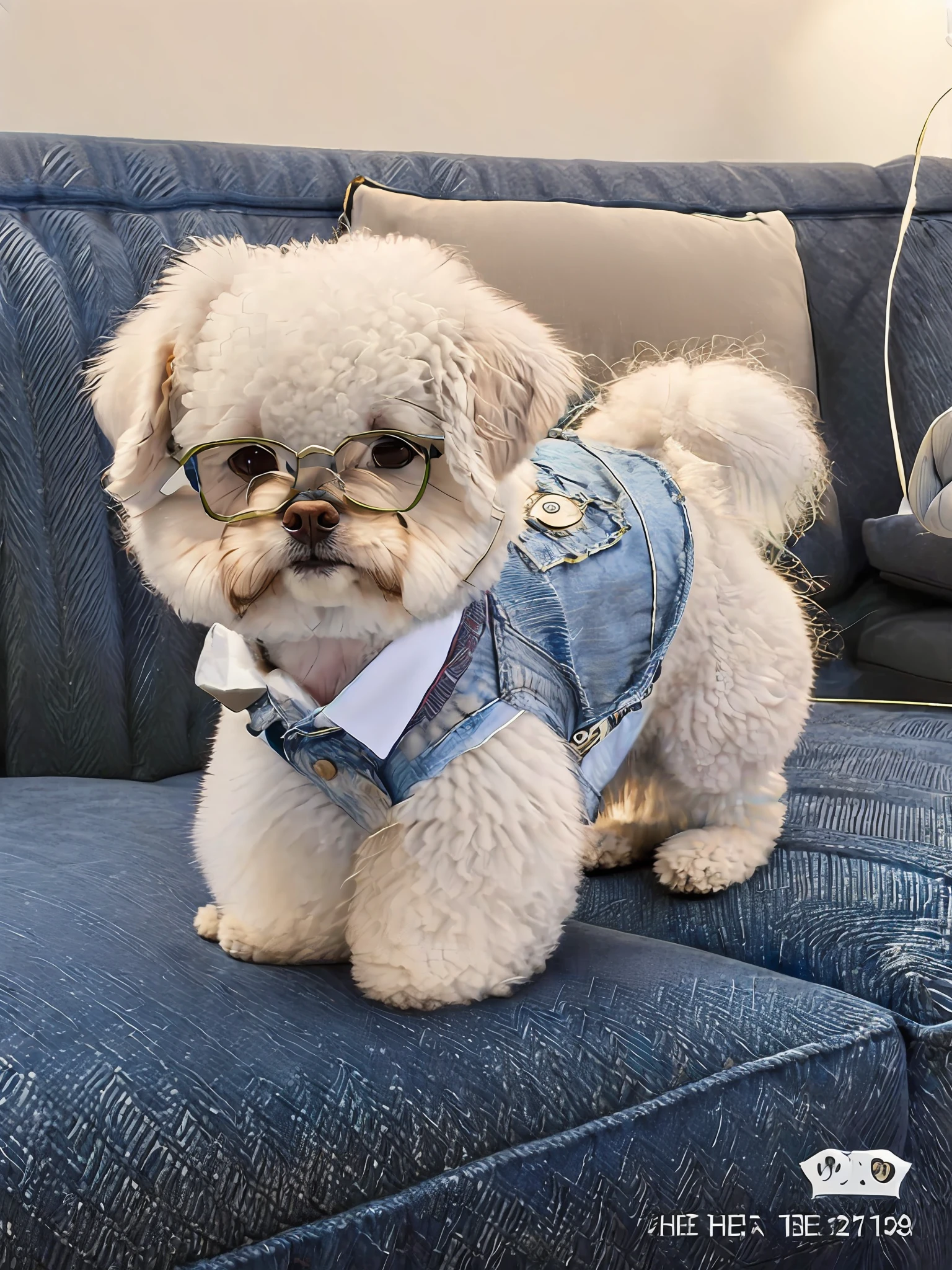 araffe dog wearing glasses and a denim vest on a couch, looking heckin cool and stylish, he looks very sophisticated, Fully dressed, Very stylish, wearing a suit and glasses, casually dressed, wearing white suit and glasses, well - dressed, wearing a shirt and a jean, would you let me dress you, super adorable, r/awww