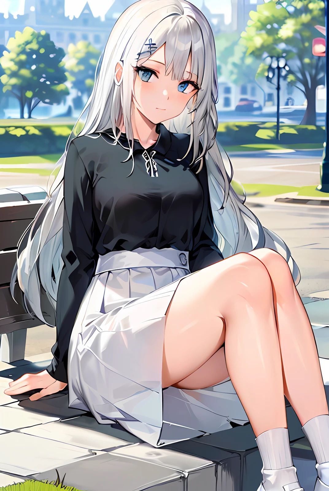 long white hair,blue color eyes,a white long skirt,Delicate facial features,White calf socks,Sit on a stone bench in the park