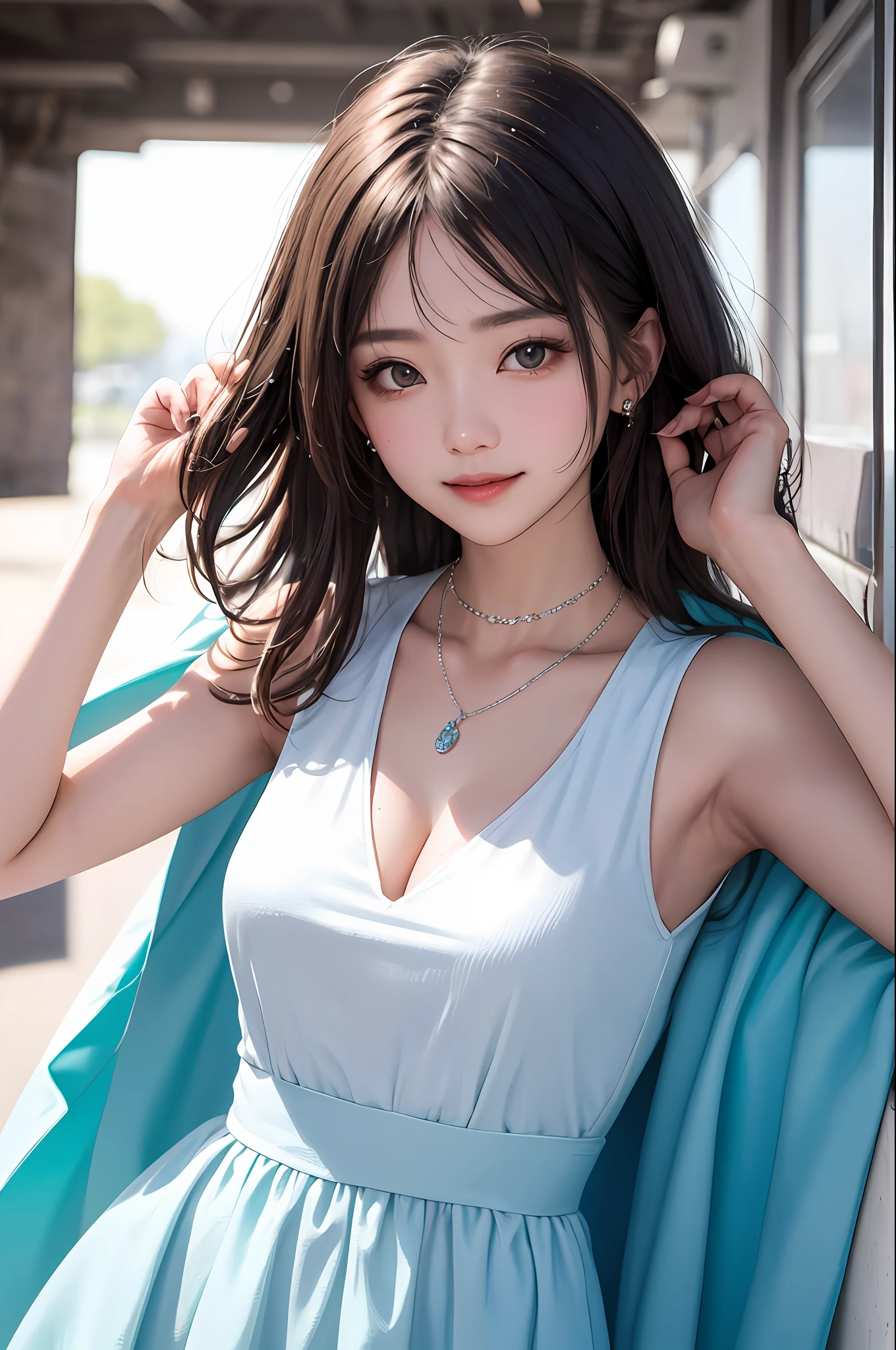 Cinematic scenes, Smile in pastel tones. The camera focuses on women whose hair is wrapped in light balls, She wore a black vest and a blue dress, The light of the silver necklace is also shining. Grain rendering deepens the texture of the picture, Focus is clear and sharp. On this basis, the style is added as ulzzang-6500-v1.Features of 1, Enhanced unique charm.