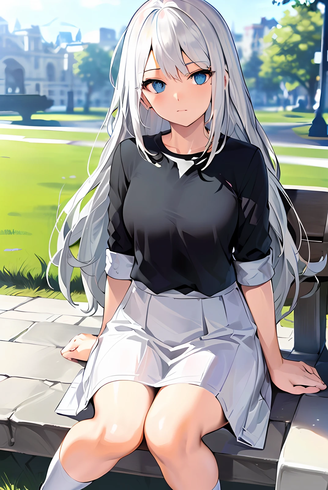 long  white hair，blue color eyes，a white long skirt，Delicate facial features，White calf socks，Sit on a stone bench in the park