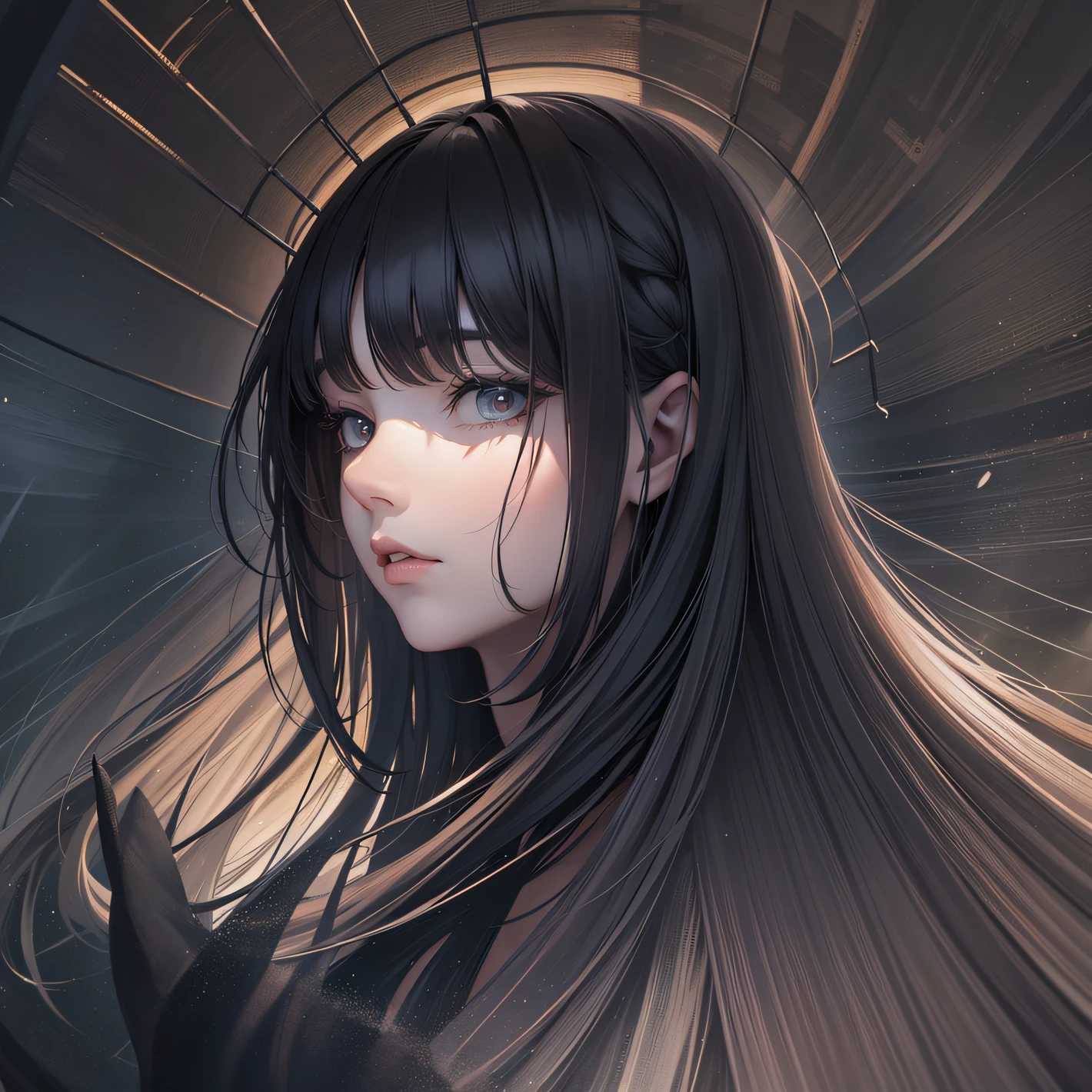 solid circle eyes, black hair, asymmetrical hair, hair over shoulder, long hair, asymmetrical bangs, hair spread out, floating hair, mole under eye, Surrealism, drop shadow, anaglyph, stereogram, tachi-e, pov, atmospheric perspective, Social realism, modern, 8k, ccurate, highres --auto