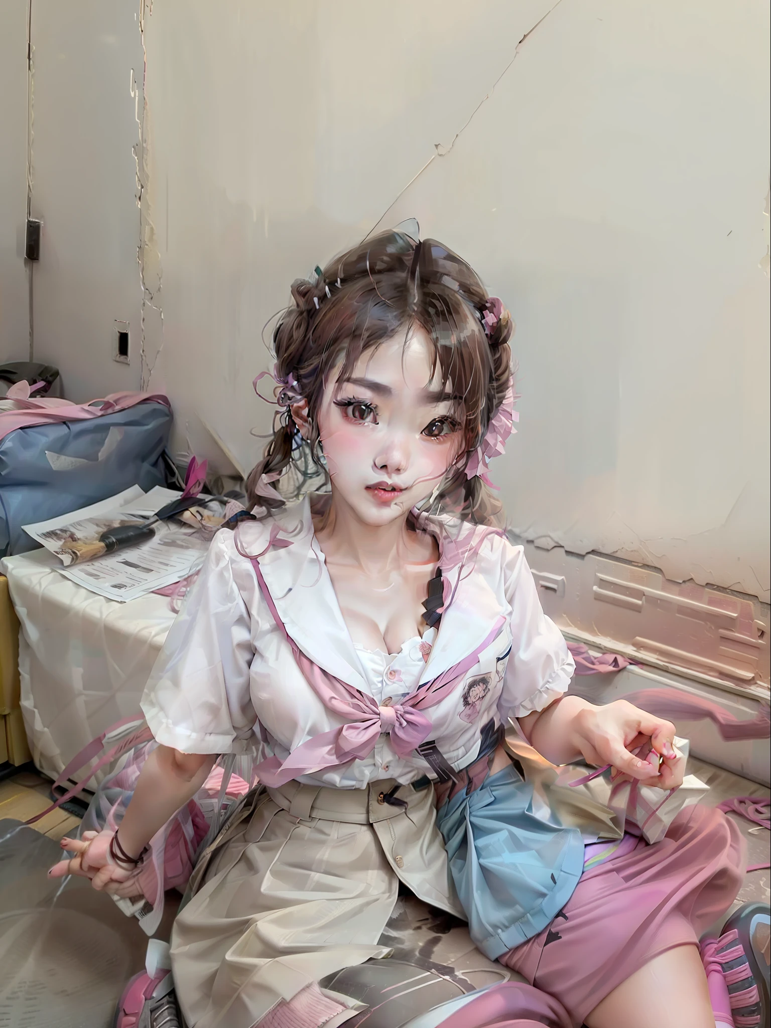 Lori huge breasts cleavage,Pink plaid skirt,Asian girl,Korea