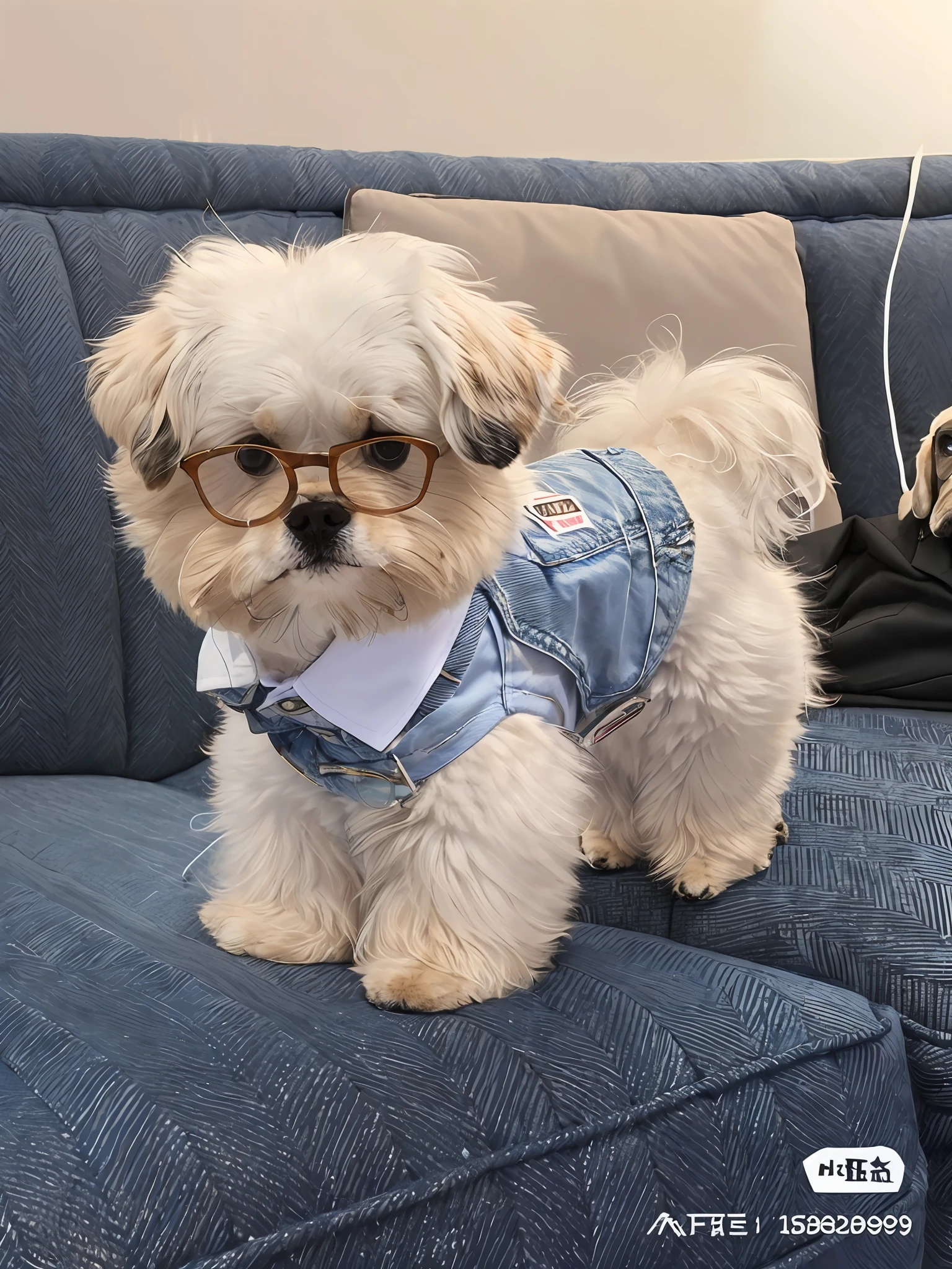 araffe dog wearing glasses and a denim vest on a couch, looking heckin cool and stylish, he looks very sophisticated, Fully dressed, Very stylish, wearing a suit and glasses, casually dressed, wearing white suit and glasses, well - dressed, wearing a shirt and a jean, would you let me dress you, super adorable, r/awww