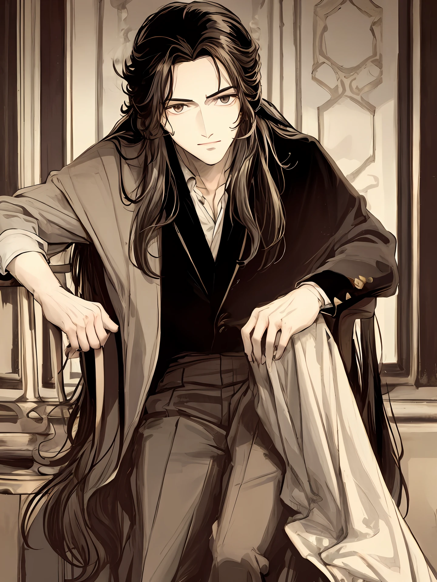 Ancient little handsome guy，sit on chair，The long-haired