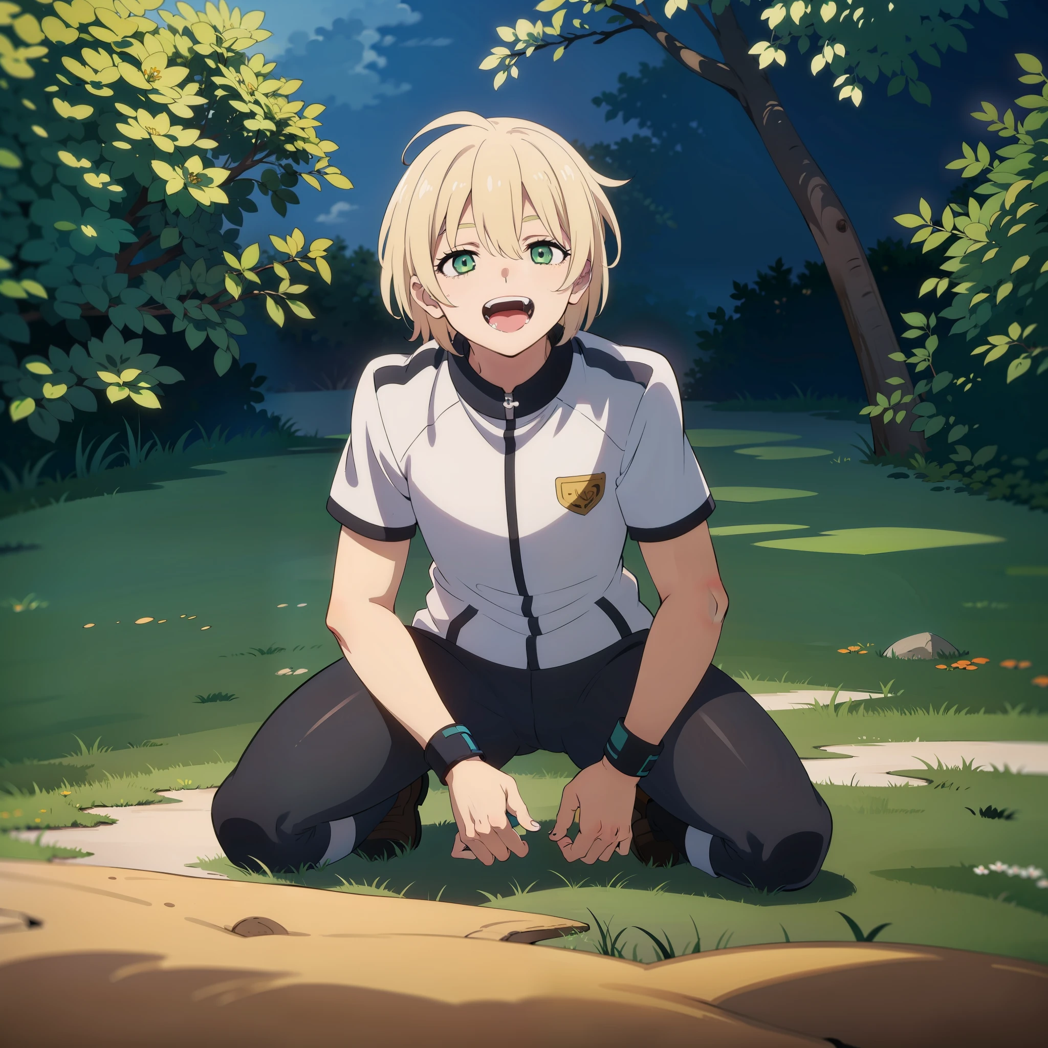 Sword Art Online,Eugeo,1boy,flaxen hair,Short hair,Green eyes,Empty eyes,Sportswear,All_Fours,Full body,Smile,Open mouth,Saliva,Outdoors,