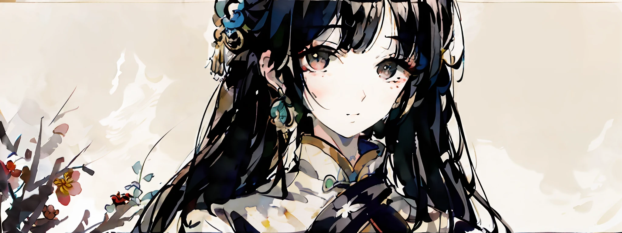 shuimobysim, (white background:1.4), ((tachi-e)), original,(illustration:1.1),(best quality),(masterpiece:1.1),(extremely detailed CG unity 8k wallpaper:1.1), (colorful:0.9),(panorama shot:1.4),(full body:1.05),(solo:1.2), (ink splashing),(color splashing),((watercolor)), clear sharp focus,{ 1girl standing },((chinese style )),(flowers,woods),outdoors,rocks, looking at viewer, make happy expressions,soft smile,pure,beautyfull detailed face and eyes,beautyfull intricacy clothing decorative pattern details, black hair,black eyes,