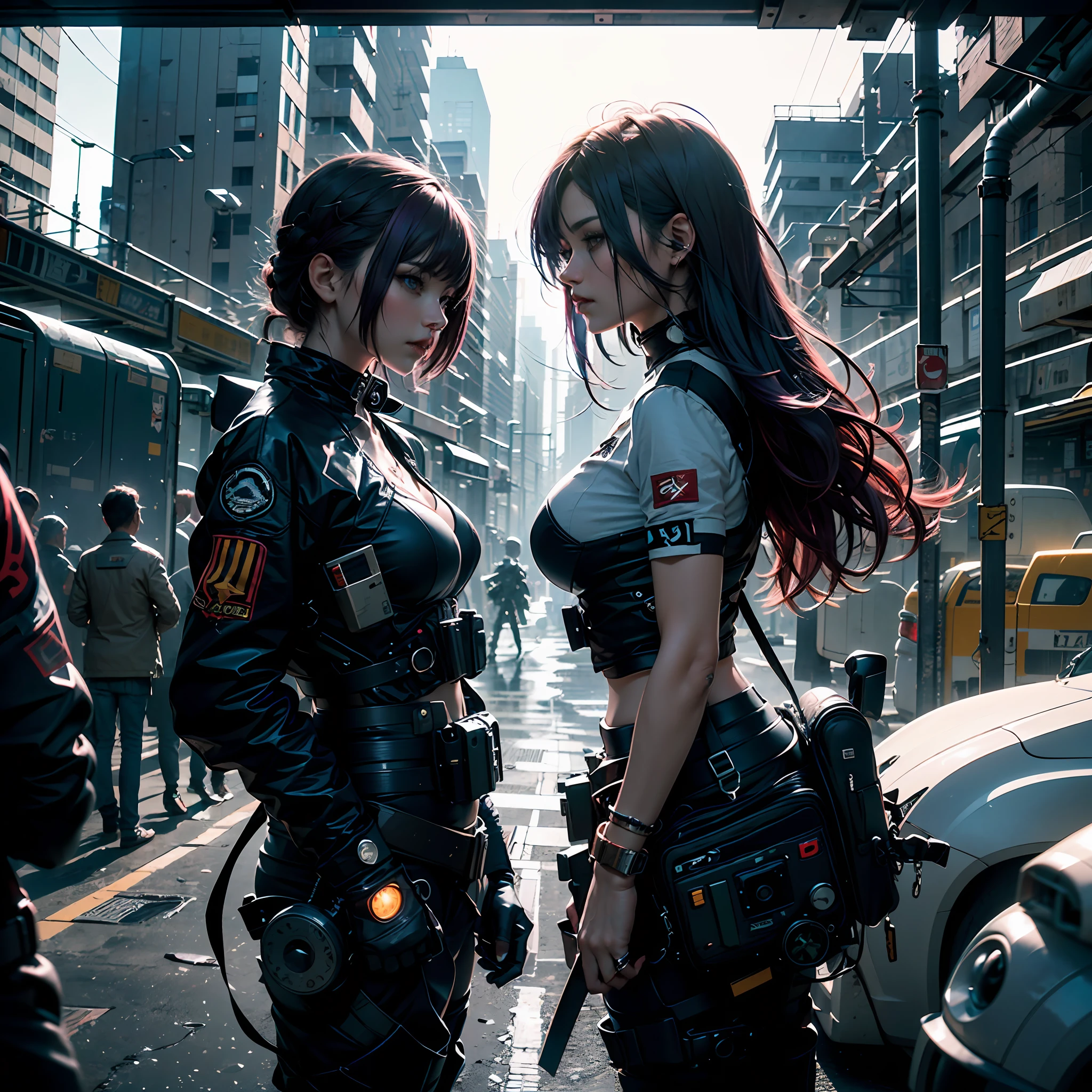 High quality、Slender and unique Cyberpunk Girl Mech, Portray the details, Soft lighting,Romantic and tense mecha battlefield,Support multiple angles,Multi-perspective,detail-rich,The plot is twisty and deep,Add a small amount of smoke、Light burst effect,Highlight the shock。(1 heroine),(mechasuit+Black locomotive rider suit), ,Riding a motorcycle AND with weapons,(blone hair:1.3+Purple hair big breasts+red tinted hair),(metal+Urban weapons+shadowing),(The scene can be selected in the city light and shadow,Or above the runway of an airport,Or a one-of-a-kind laboratory space) --auto