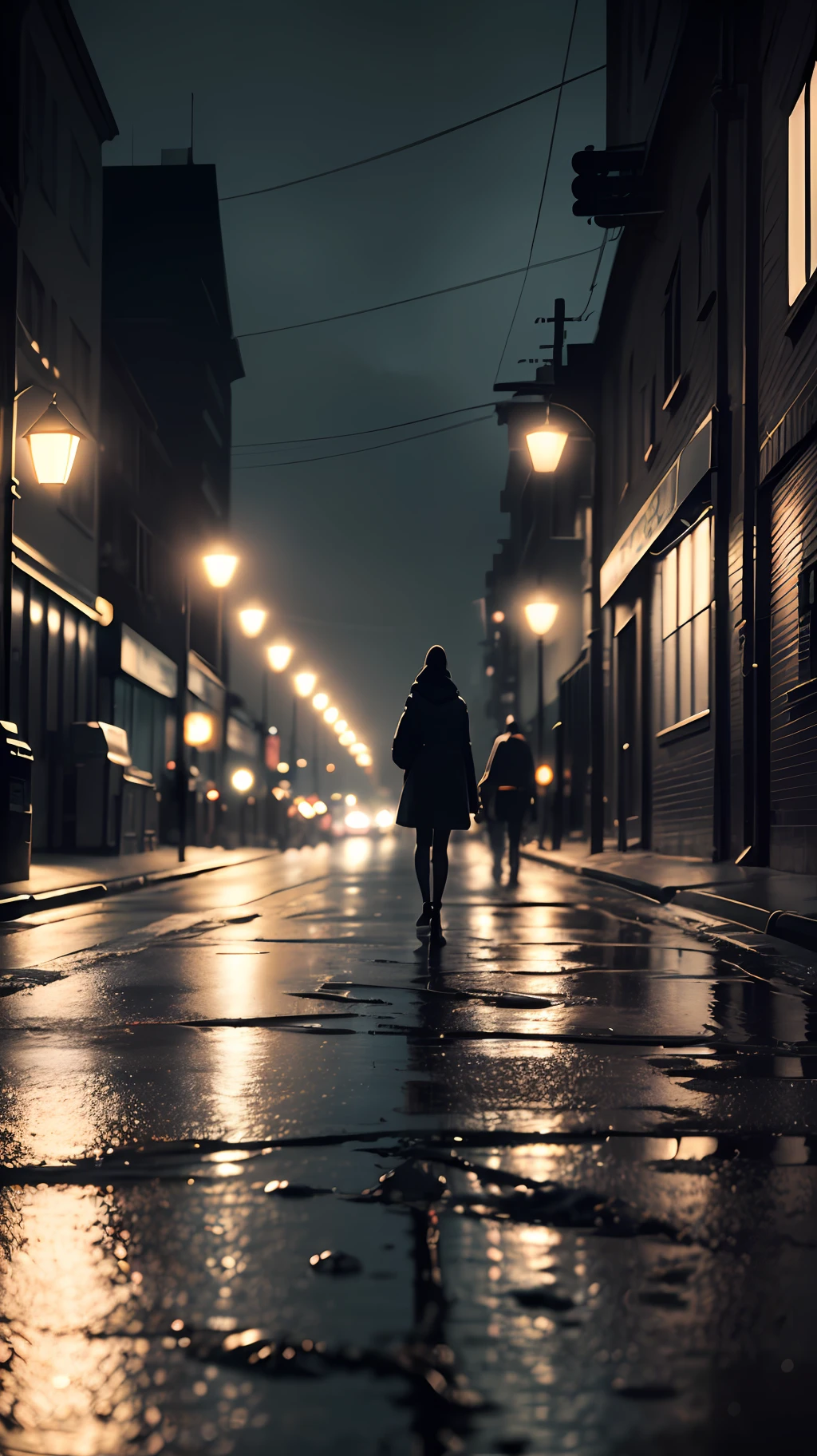 (extremely detailed CG unity 8k wallpaper,masterpiece, best quality, ultra-detailed,after dark),(low key lighting, high contrast, an extremely delicate and beautiful),moody cityscape,silhouette,glowing lights,depth of field,bokeh,glimmering windows,puddles, wet road,shadowy figures. --auto