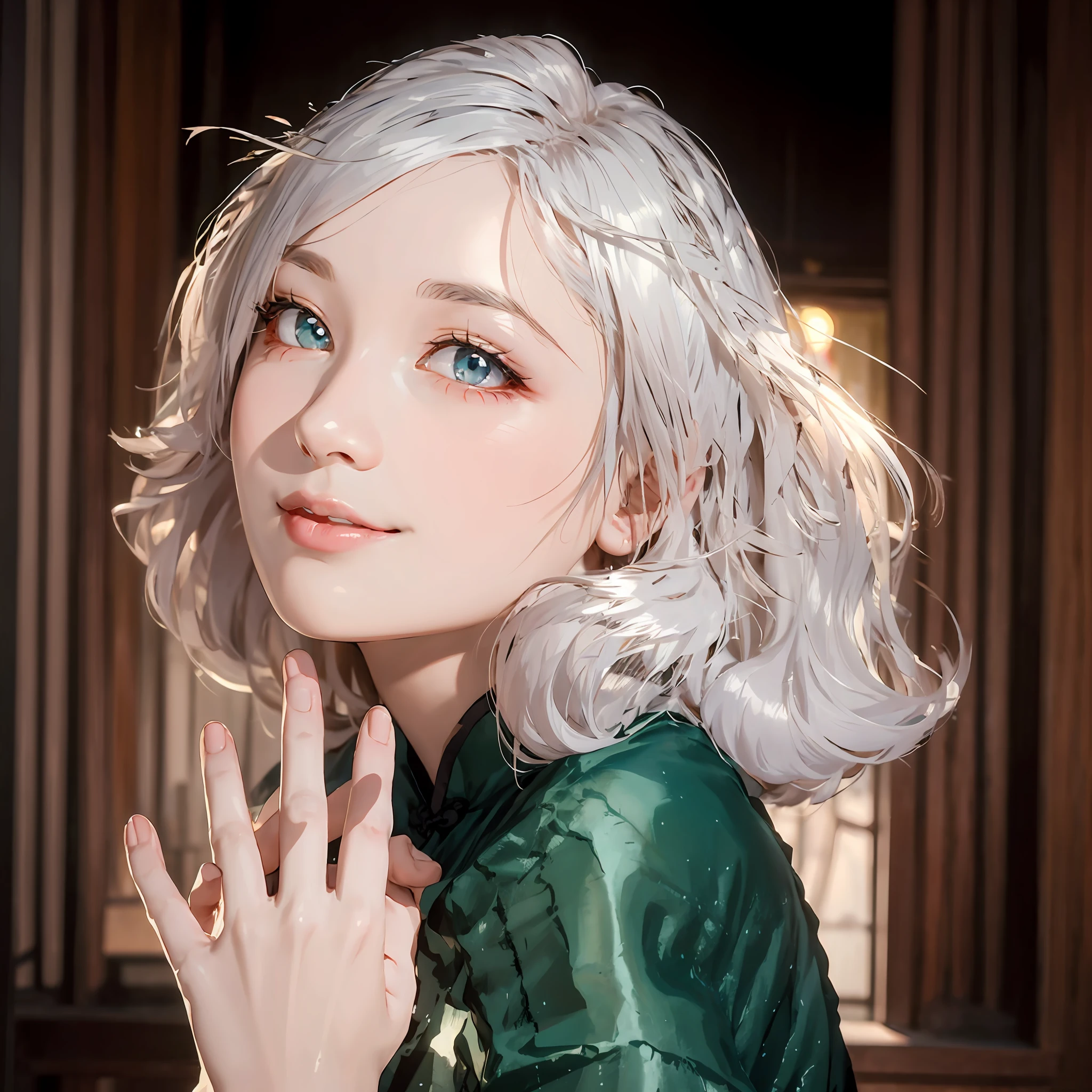 There is a girl in a green dress, plum blossoms, palaces, oriental architecture ray tracing, {best quality}, {{masterpiece}}, extremely detailed 8K wallpaper, {an extremely delicate and beautiful}, colorful, intricately detailed, Realistic, real, camera quality, (detailed depiction of clothes), cool white skin, (detailed depiction of blush), 1080p, sun, soft cuteness, smooth light silver hair, messy beauty, lighting, broken feeling, bright and silky skin , 3D stereoscopic, masterpiece, best quality, super fine illustration, beautiful eyes, very fine light, fine glow, very fine 8K CG wallpaper, peach eyes, red pupils, an extremely delicate and beautiful girl, 8k Wallpaper, best quality, full body close-up, white long dress, luxurious silky bright red chiffon floodlight (magic, glitter, ultra-thin, soft,) Hanfu