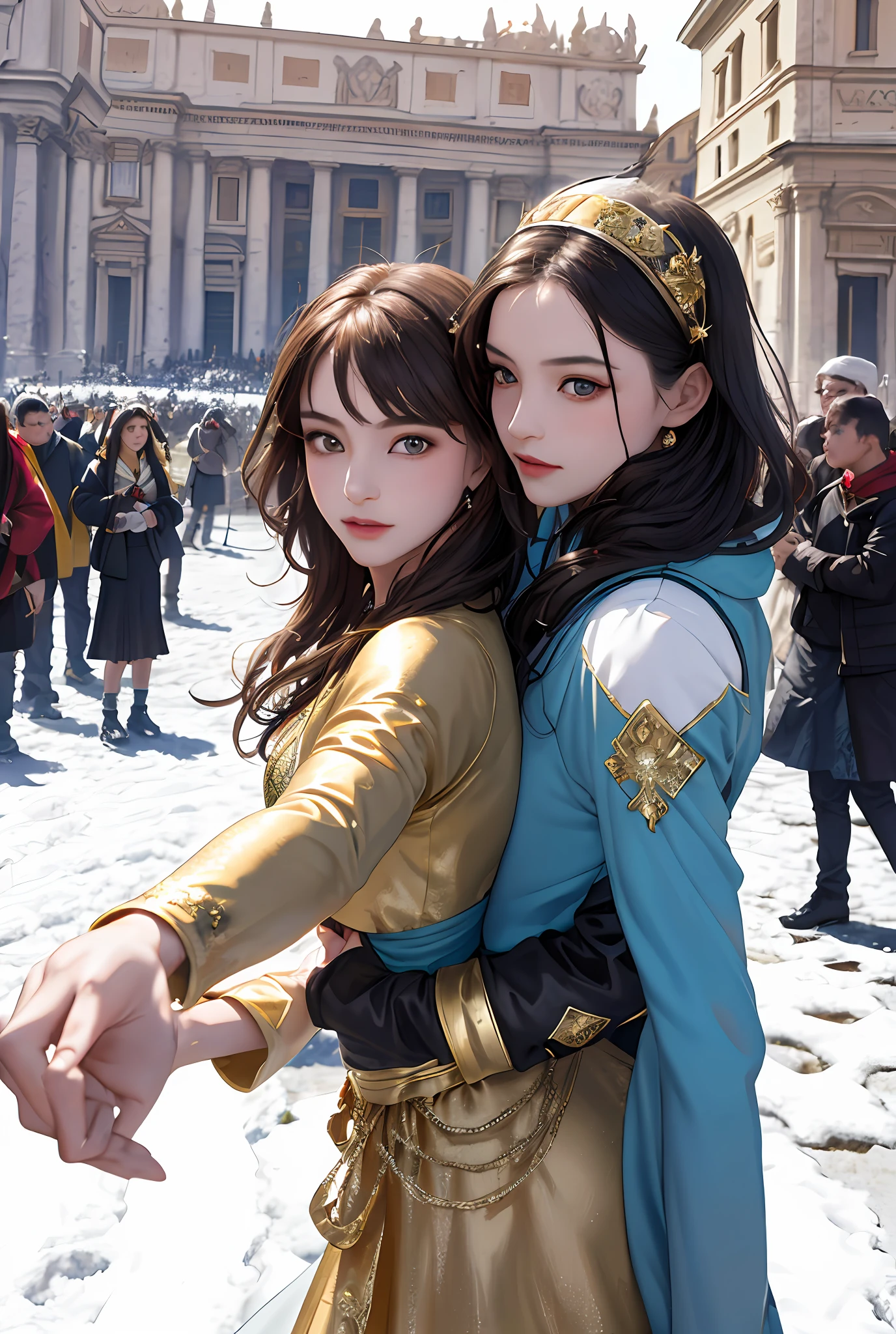(巨作, Best quality, Realistic),
2girls,duo,winter,snowy,(on the St. Peter's Square of Vatican,crowd of), sankta. Peter's Square of Vatican background,gypsy dress,(Princess Eyes,shiny pupils),Dancing,  Gold, banquet, crowd of, picking up skirt,
[Slight smile],