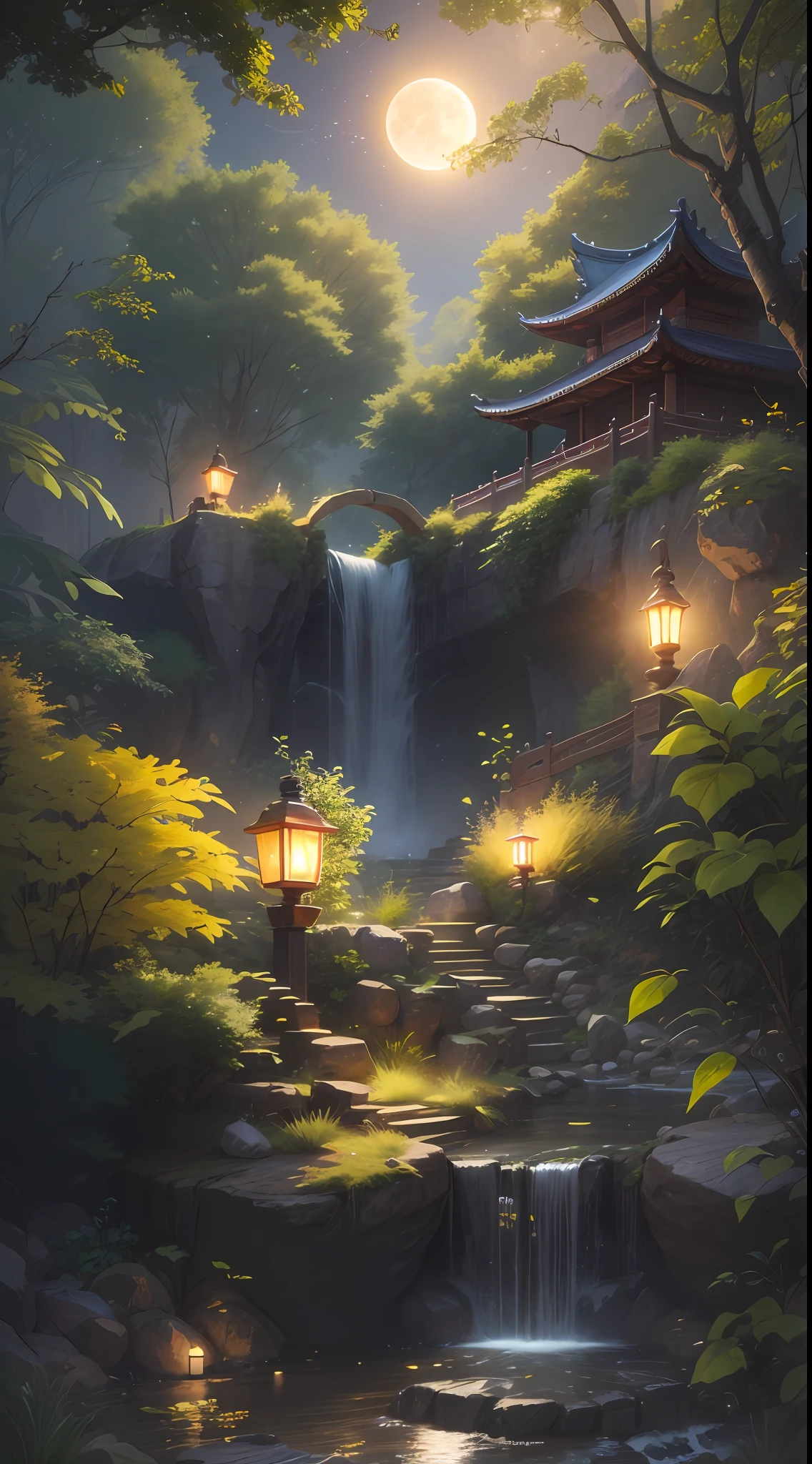9:16 Full picture, ancient Chinese architecture, hazy moon, night, garden, bamboo, lake, stone bridge, rockery, arch, corner, rockery, tree, running water, landscape, outdoor, waterfall, grass, rock, water lily, hot spring , Water Vapor, (Illustration: 1.0), Epic Composition, Detail Enhancement, Detail Enhancement. Realistic lighting, HD details, masterpiece, best quality, (very detailed CG unity 8k wallpaper), (best quality)