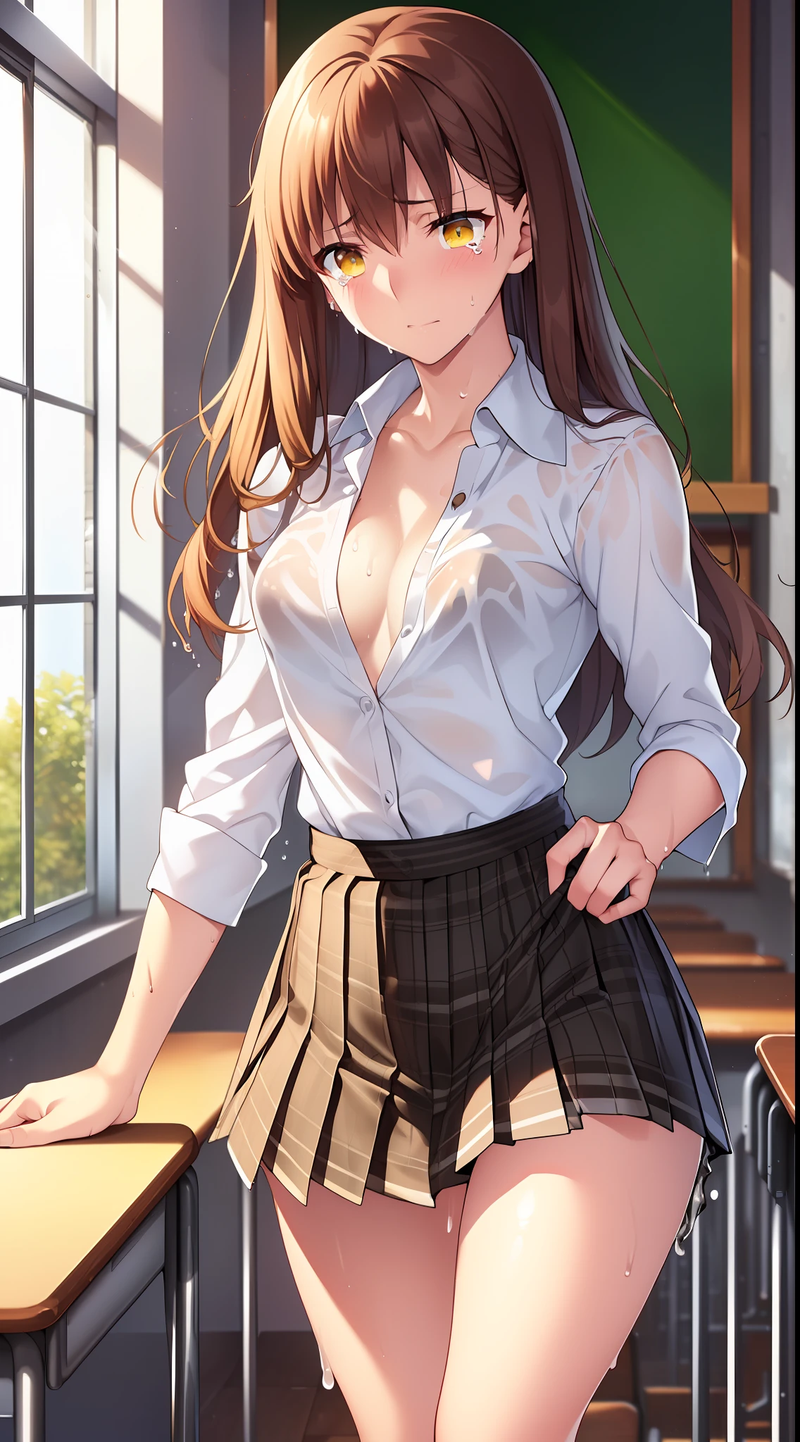 {{{beautiful}}}, amazing, (best quality:1.5), (masterpiece:1.5), extremely delicate and beautiful, intricate details, finely detailed, extremely detailed, beautifully detailed, ultra-detailed, (hyperdetailed:1.5), high resolution, (illustration), watercolor pencil, Clear line drawing, (ufotable style:1.1), ufotable screen cap, anime coloring, anime screencap, (latest picture), backlighting, dynamic angle, glow, depth of field, {{{body satisfaction}}}, (body with a good balance of style:1.5), (slender figure:1.5), perfect body, perfect hands, perfect feet, (two arms:1.3), (two legs:1.5), (five fingers each:1.3), (perfect joint:1.3), perfect joint movement, beautiful detailed eyes, (detailed eyes:1.5), finely detailed eyes, perfect anatomy, full dissection, perfect composition, correct limbs, balance and coordination in all things, realistic:0.5, precise fingers and hands, (finely drawn hair:1.5), {{{cheerful girl}}}, (brown hair:1.3), (semi-long hair:1.3), (straight hair:1.3), bangs, (yellow eyes:1.3), (medium breasts:1.3), (small-sized buttocks:1.3), {{{school}}}, (classroom:1.3), desks, chairs, windows, curtains, {{{school uniform}}}, (white collared shirt:1.5), white shirt, breast tent, (unbutton the top button of the shirt:1.5), (checkered pleated skirt:1.5), checked skirt, pleated skirt, {{{blush}}}, shy, (sweat:1.5), (teary eyes:1.7), (ecstasy:1.5), gasping face, (ecstasy face), (white liquid drips between her legs and down her thighs:1.5), {{{masturbation}}}, female masturbation, masturbating, fingering, (solo:1.5), self-love, self fondle, 1girl, clothed, (standing:1.5), (forward-bent posture1.3), lean forward,