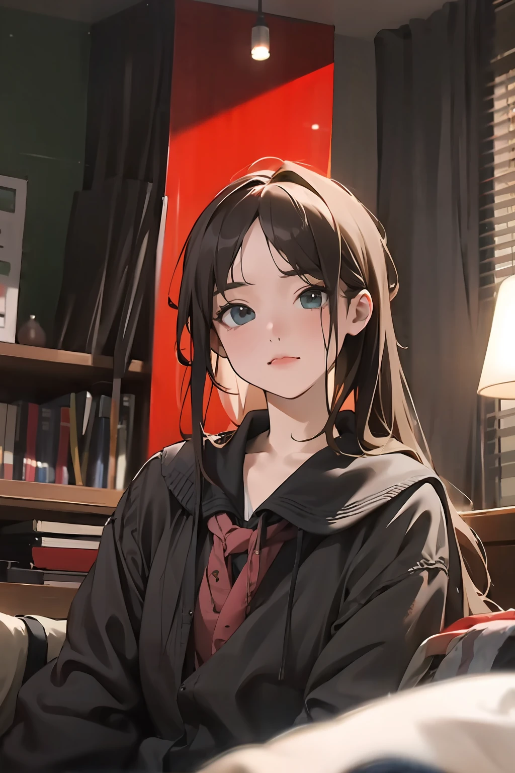 20 years old woman, long hair, Calm tone, subdued colors, students, s whole body