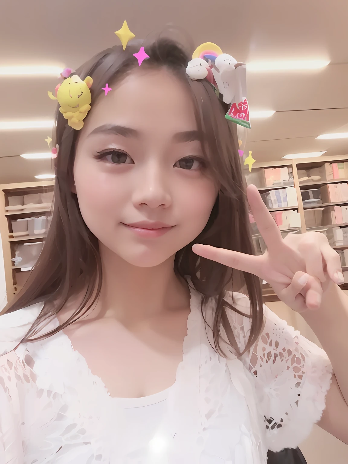 arafed girl with a white shirt and a white shirt holding up a peace sign, wan adorable korean face, 8k selfie photograph, Ruan cute vtuber, ulzzangs, young cute wan asian face, xintong chen, young lovely Korean faces, young and cute girl, jaeyeon nam, with cute - fine - face, wenfei ye