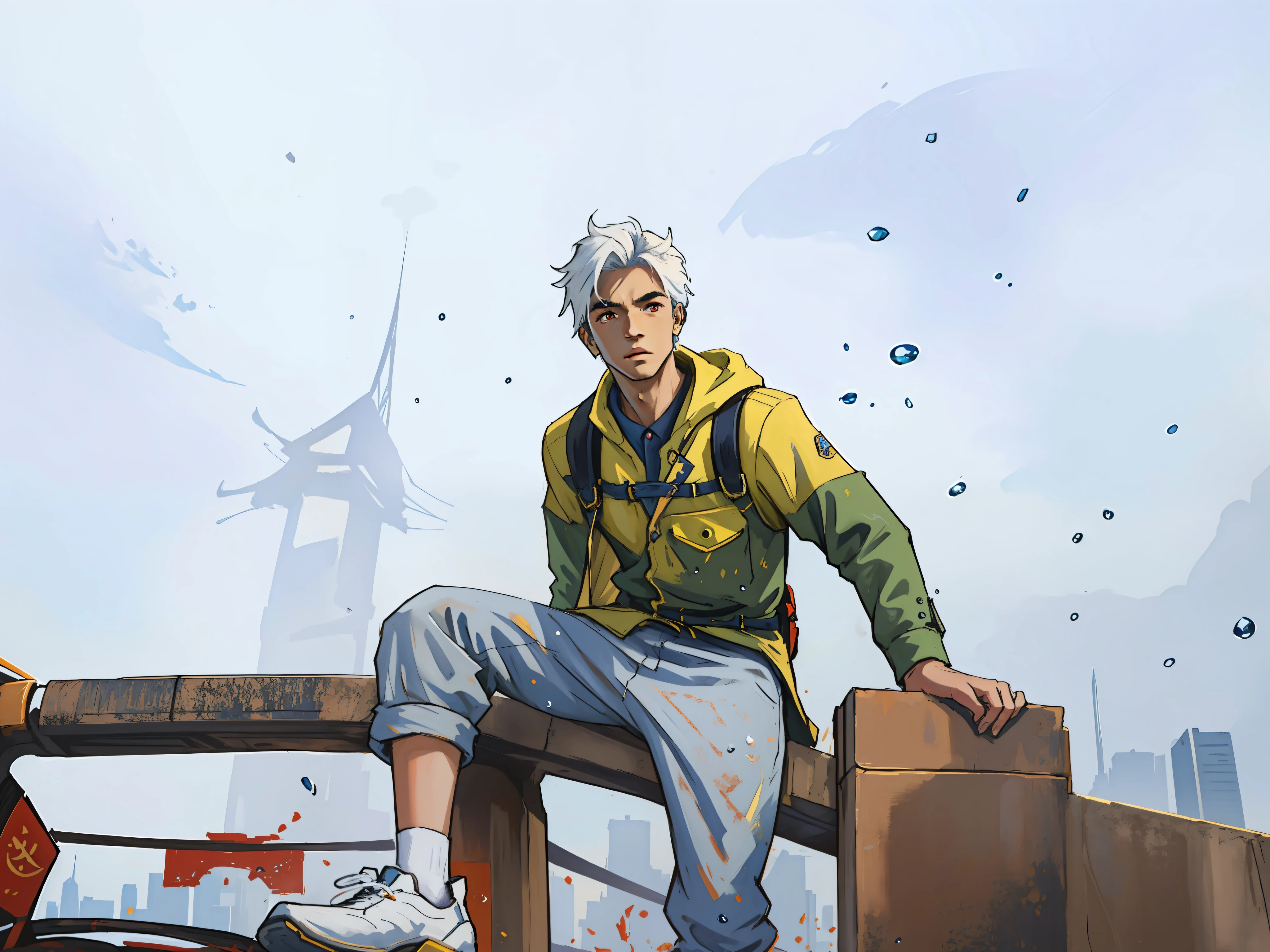 (tmasterpiece,best qualtiy), intricately details, 8K, art stations, the wallpaper, offcial art, splashart, tack sharp focus,
1boys,red eyes,White hair,
skyscrapper, 城市, Buildings, The Car, the street,