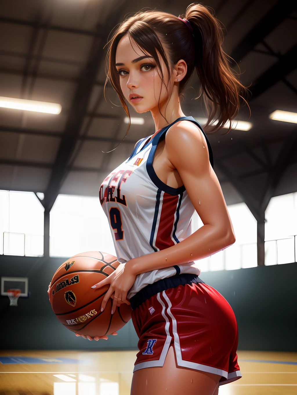 (Digital Painting),(Best Quality), 1girl in,basketball uniform,charming face,small head,big beatiful eyes,large breasts,Trained abs,nice legs,wet skins sweat,basketball Venues,Dramatic light,from side