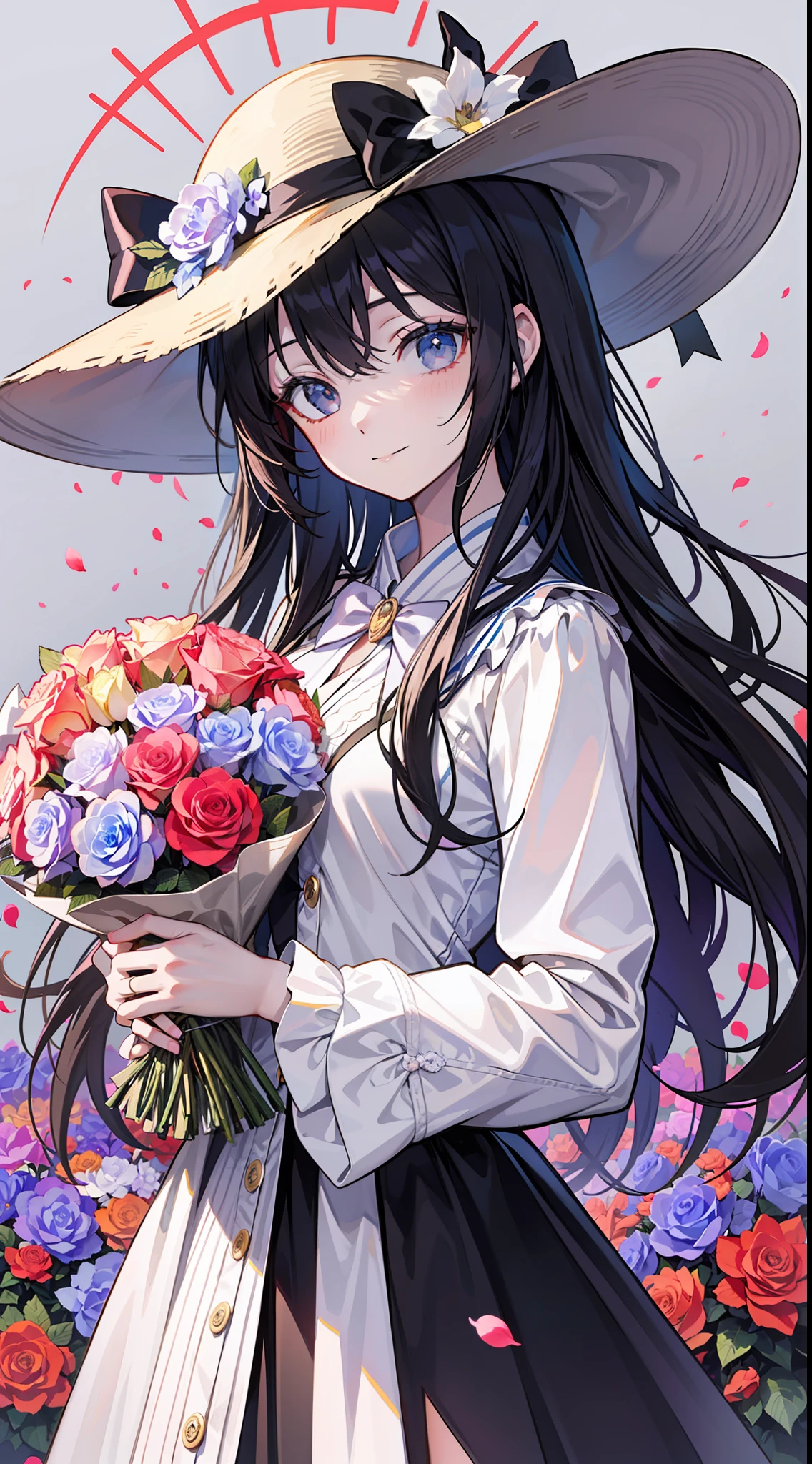 tmasterpiece， Best quality at best， 1girll， 独奏， long_hair， looking_at_viewer， ssmile， By bangs， a skirt， The shirt， long_sleeves， Hats， shift dresses， Bow knot， halter， closed_mouth， florals， frilld， hair_flower， petals， flower bouquet， holding_flower， center_frills， Hats， holding_bouquet， flower  field， flower  field， line art， Mono Color，