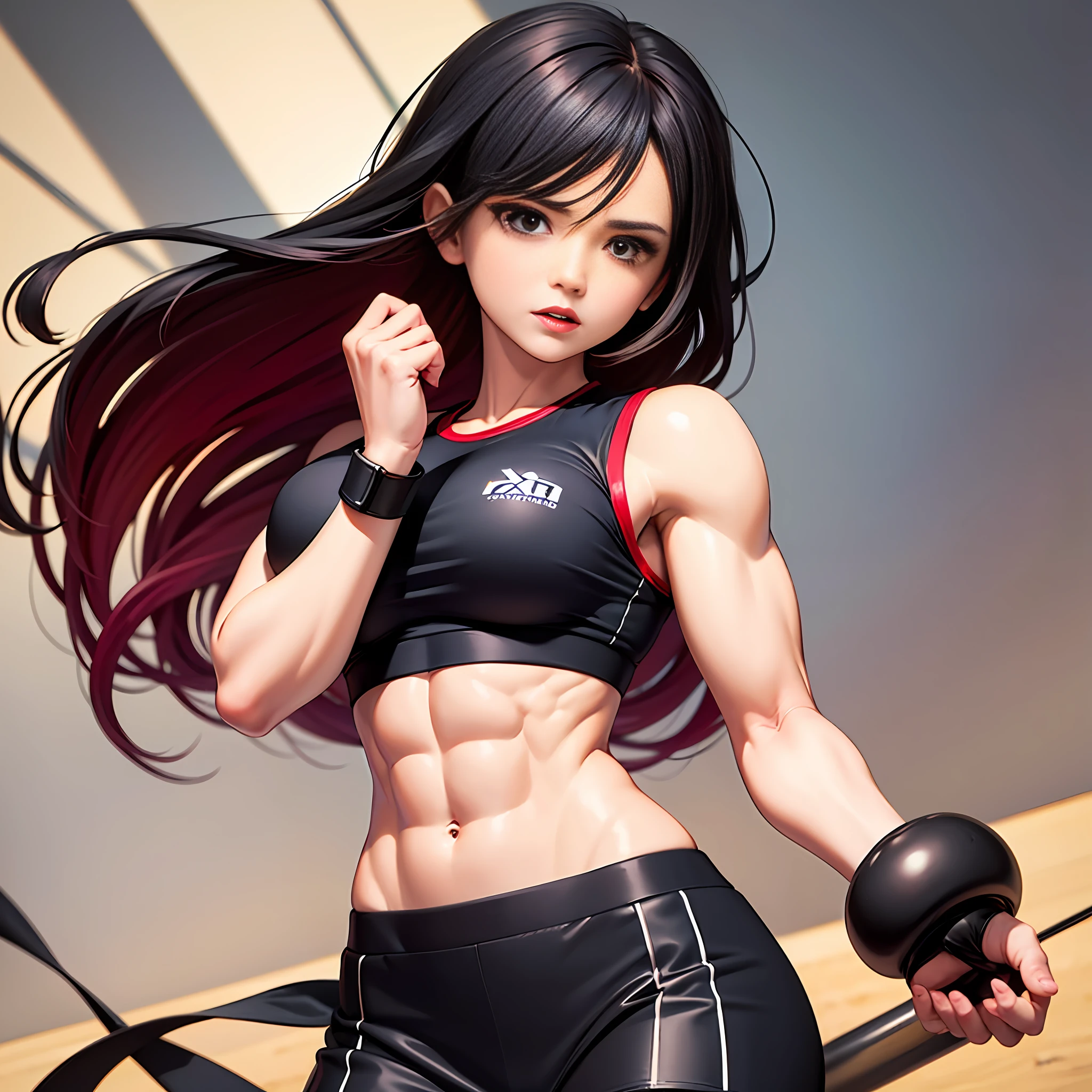 a pregirl，Muscle drawing，musculous，Vest line，Biceps， exposed midriff， Toned abs， Toned arms， black micro skirt，Pure，Be red in the face，irate，Fighting posture， Large breasts，Low body fat ，blacksilk，Raised sexy，Royal sister，In the gym --auto