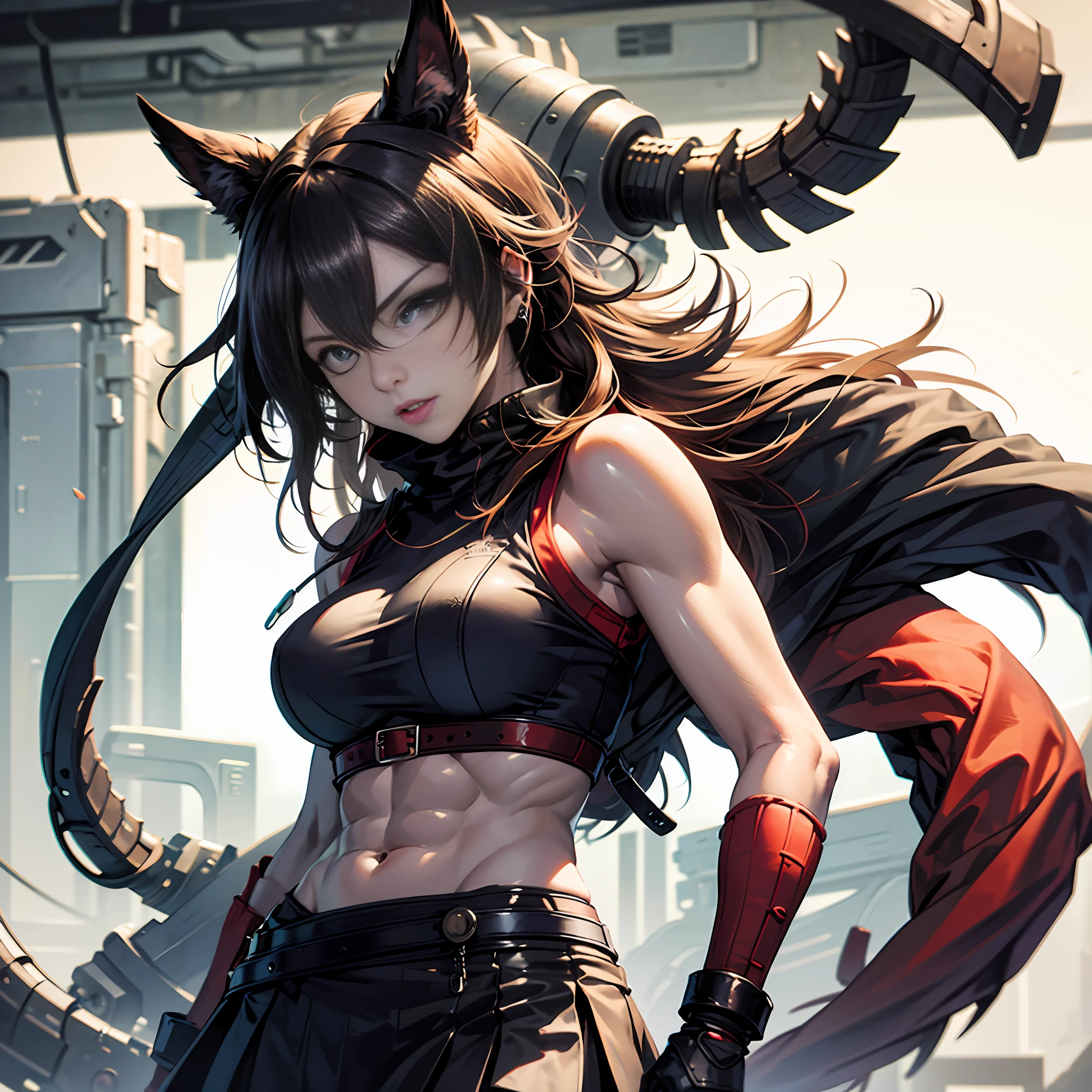 schoolgirls,Muscle drawing,musculous,Vest line,Biceps, exposed midriff, Toned abs, Toned arms, black micro skirt,Pure,Be red in the face,irate,Fighting posture,a pregirl, Large breasts,Low body fat --auto