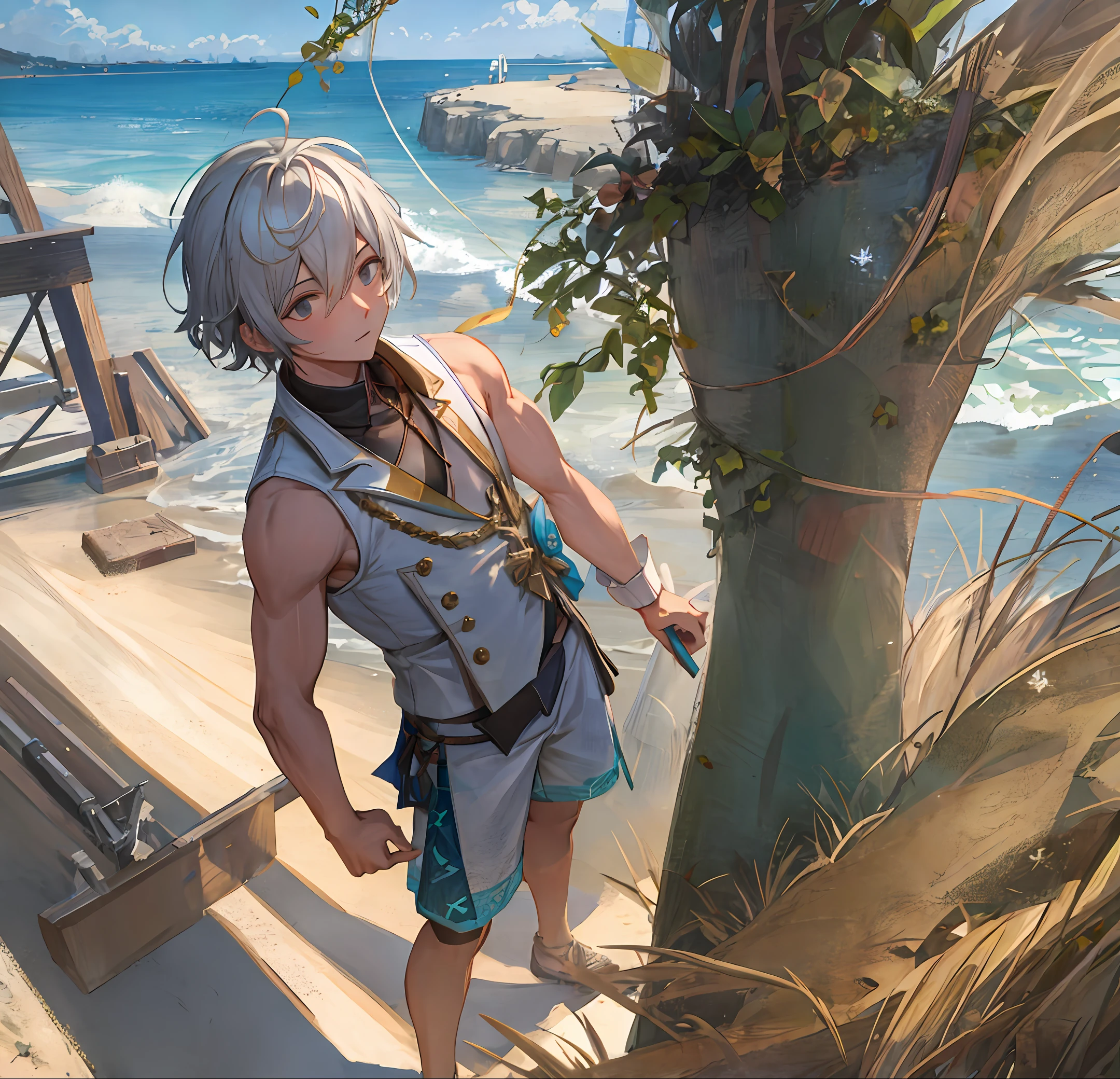 Male gray hair with a few green hairs Boy holding an arm Left hand Biye and with tiny vines entangled There are two blurry and unseen people in the background
