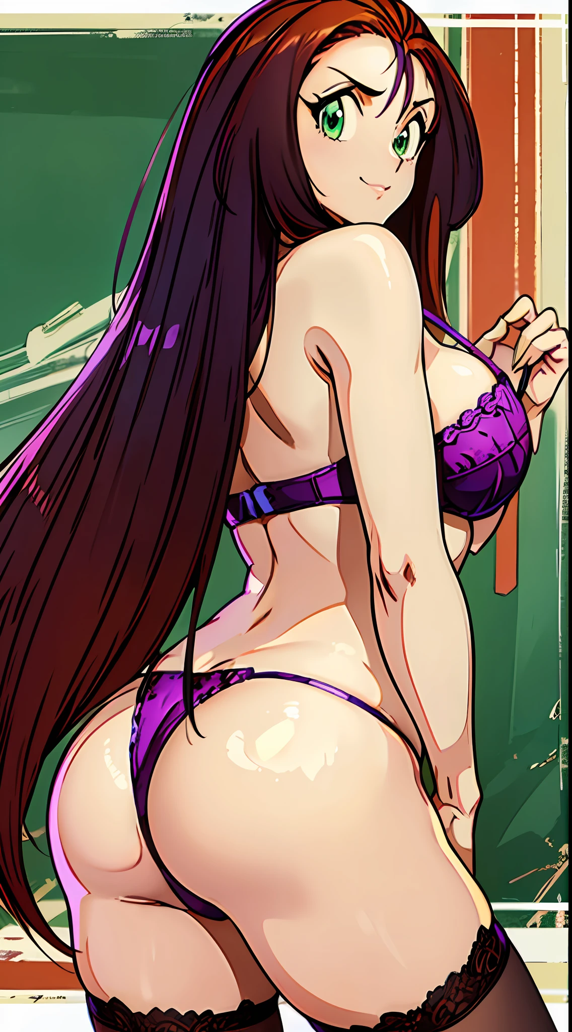 ((masterpiece)), ((best quality)), ultra detailed, detailed background, orange hair, Long Hair , green eyes, thin eyes, extreme large breast, long hair, office background, highest details, sexy, focus, Alluring, long legs, ((breasts shot from back)), (((wearing Purple lingerie with a tiny little thong))), hentai style, sensual smile, erotic, erotic body, sexually suggestive, hentai body, sensual pose, naughty face, aroused body, teaching in front of a blackboard, (ass focus)), ((from the waist up) (