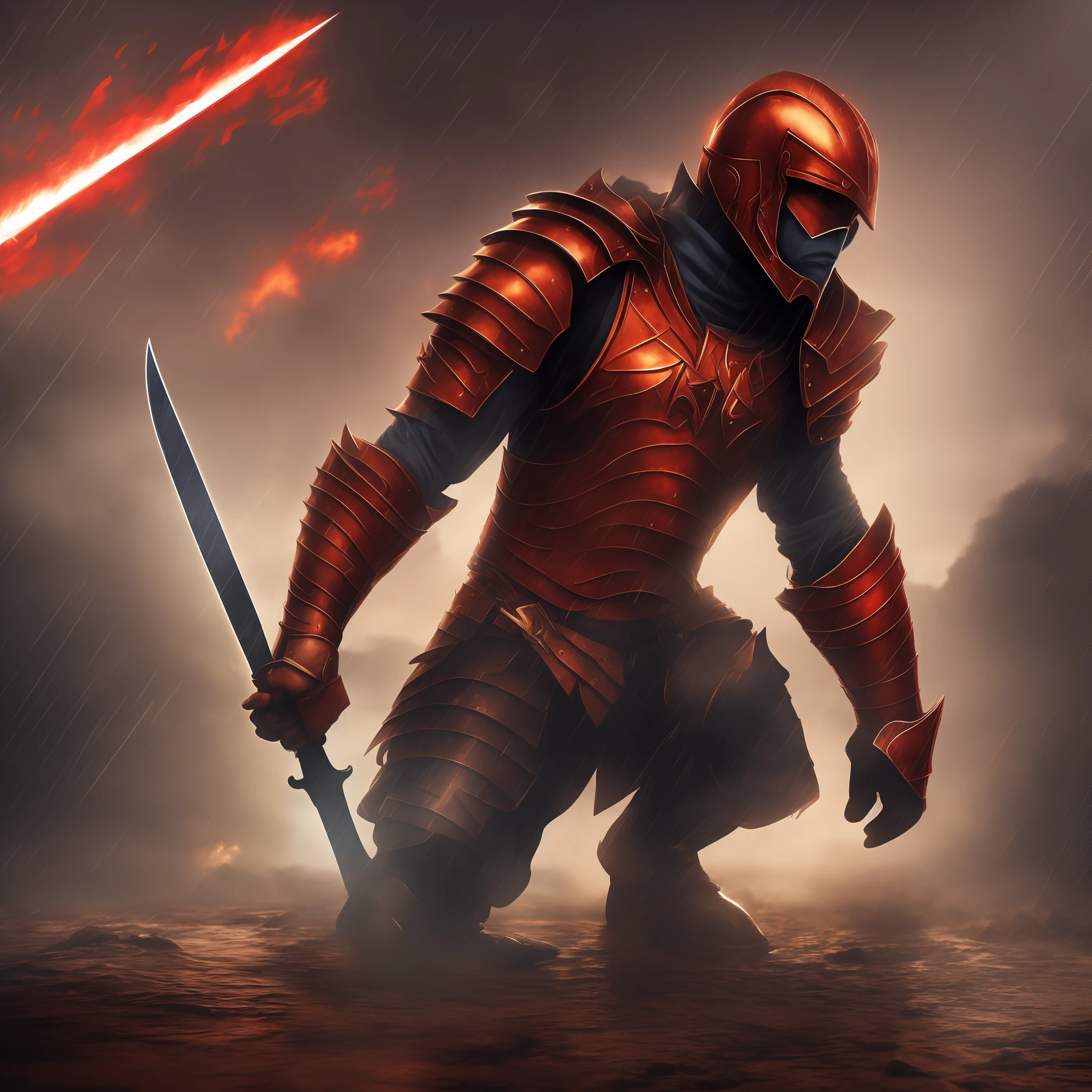 A warrior in red armor suffered many wounds，Only one knee on the ground，Support the body with a rusty sword，Heavy rain wet his body，Lightning flashed in his eyes --auto