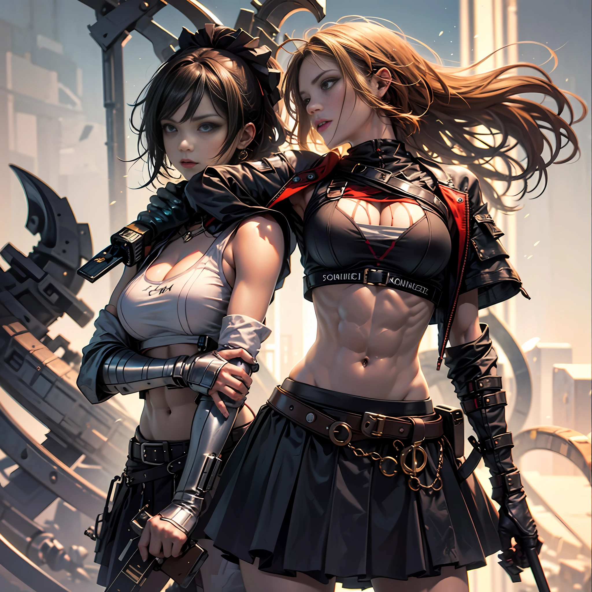schoolgirls,Muscle drawing,musculous,Vest line,Biceps, exposed midriff, Toned abs, Toned arms, black micro skirt,Pure,Be red in the face,irate,Fighting posture,a pregirl, Large breasts,Low body fat --auto