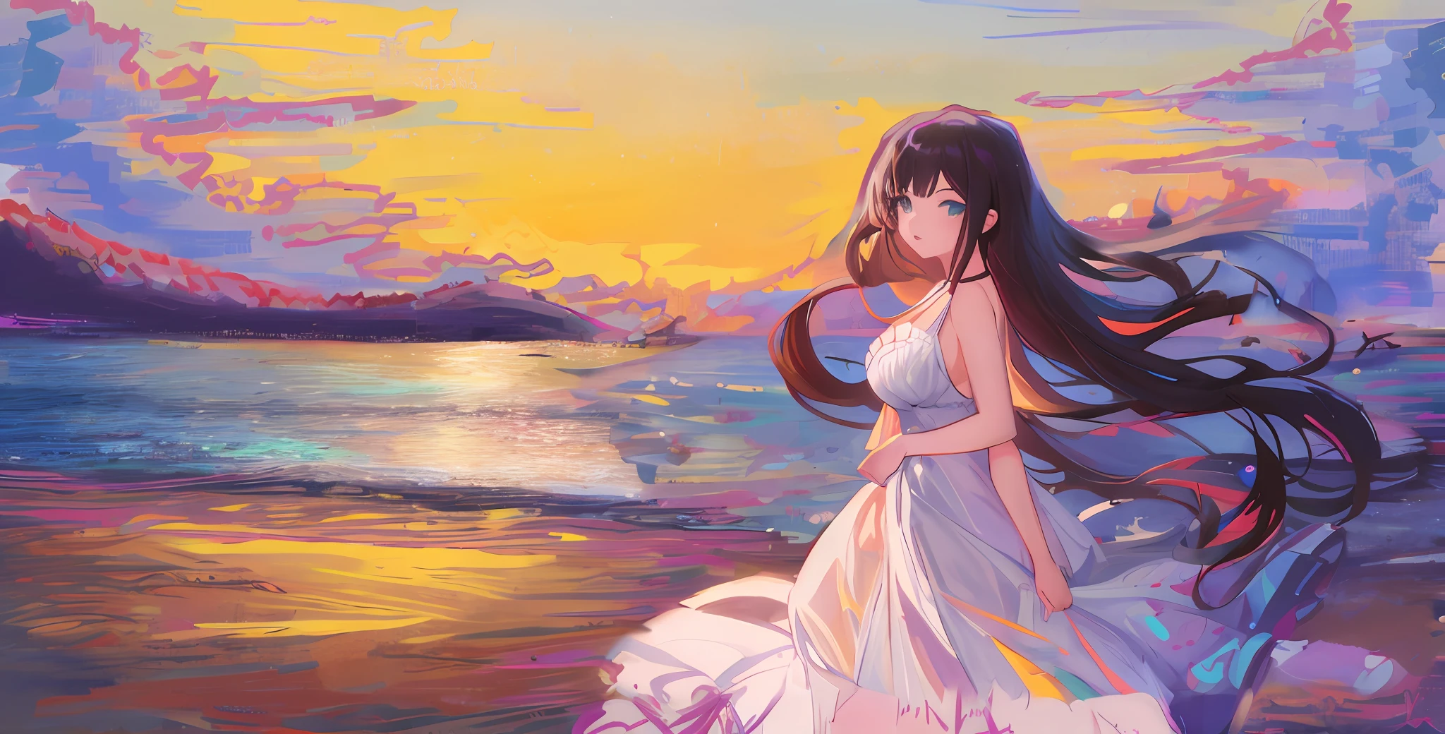 painting of a woman in a long dress walking on the beach, ,, li in dress, beautiful girl on the horizon, speedpaint, painted in high resolution, with a sunset, Anime art style, Anime moe art style, Anime style. 8K, the ocean in the background, watching the sunset. anime big breast,sandbeach,sunraise,Ridiculous resolution, A high resolution, (Masterpiece:1.4), ultra - detailed