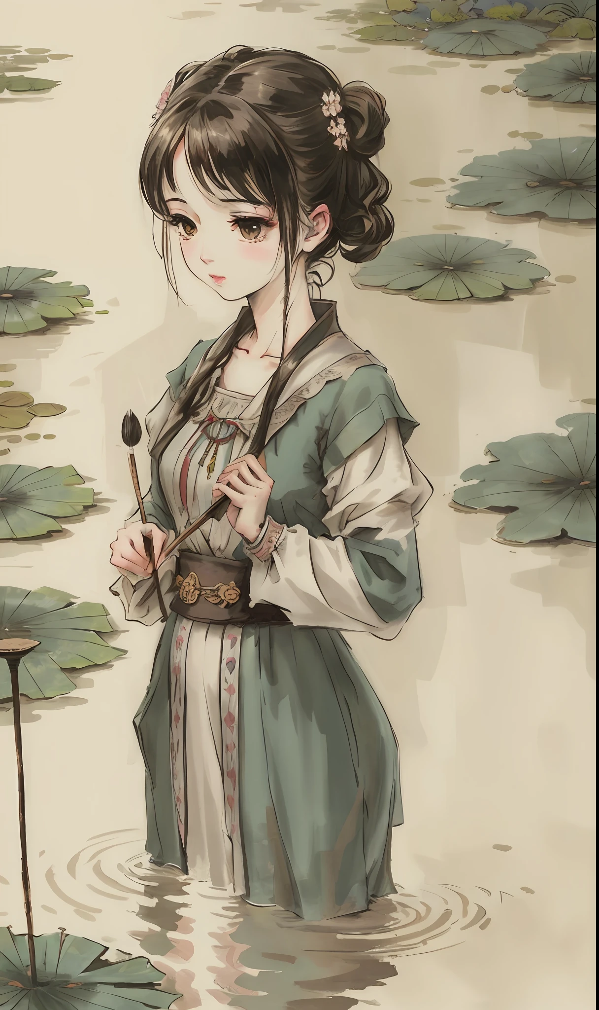 Ancient maiden，Write with a brush，In a lotus pond