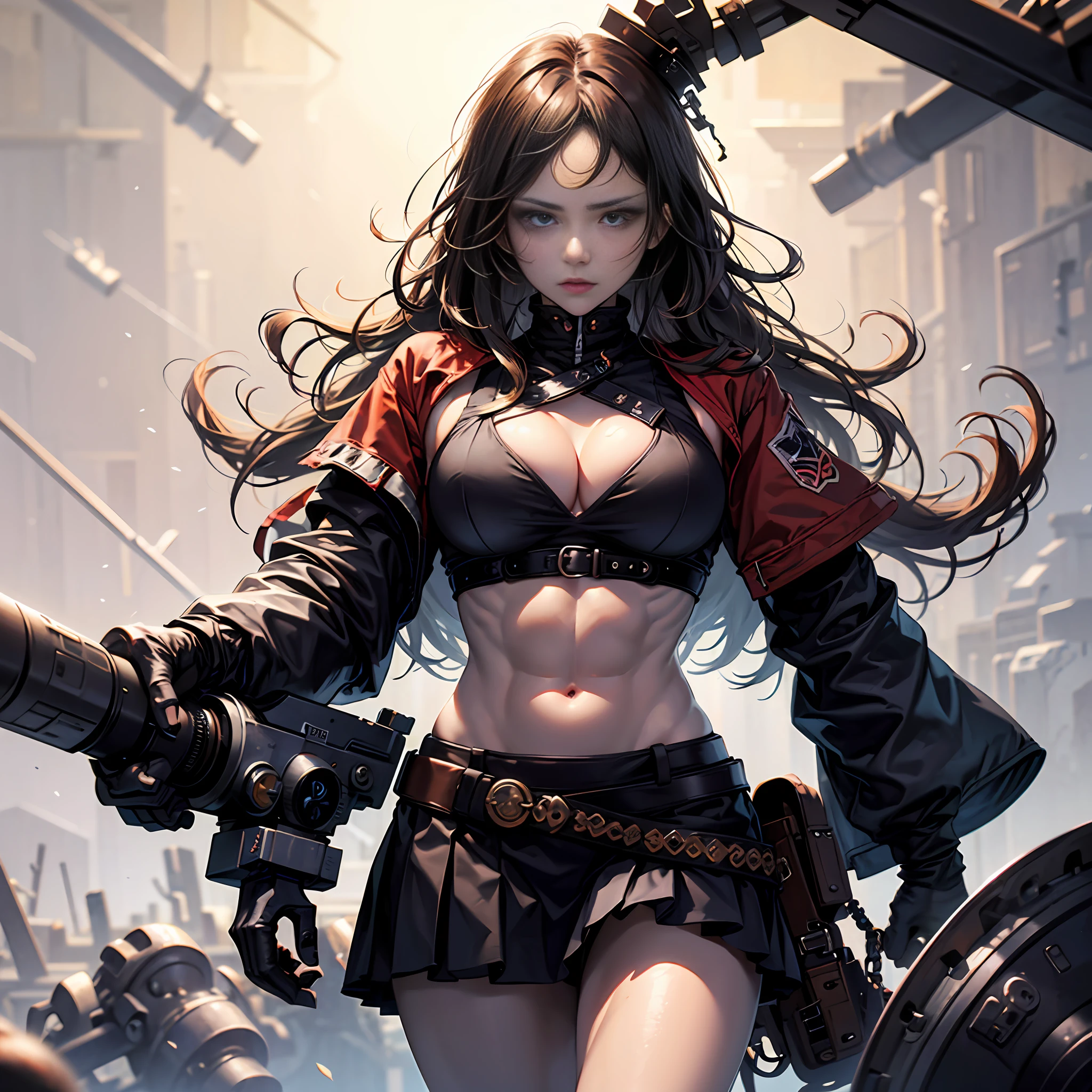 schoolgirls,Muscle drawing,musculous,Vest line,Biceps, exposed midriff, Toned abs, Toned arms, black micro skirt,Pure,Be red in the face,irate,Fighting posture,a pregirl, Large breasts,Low body fat --auto