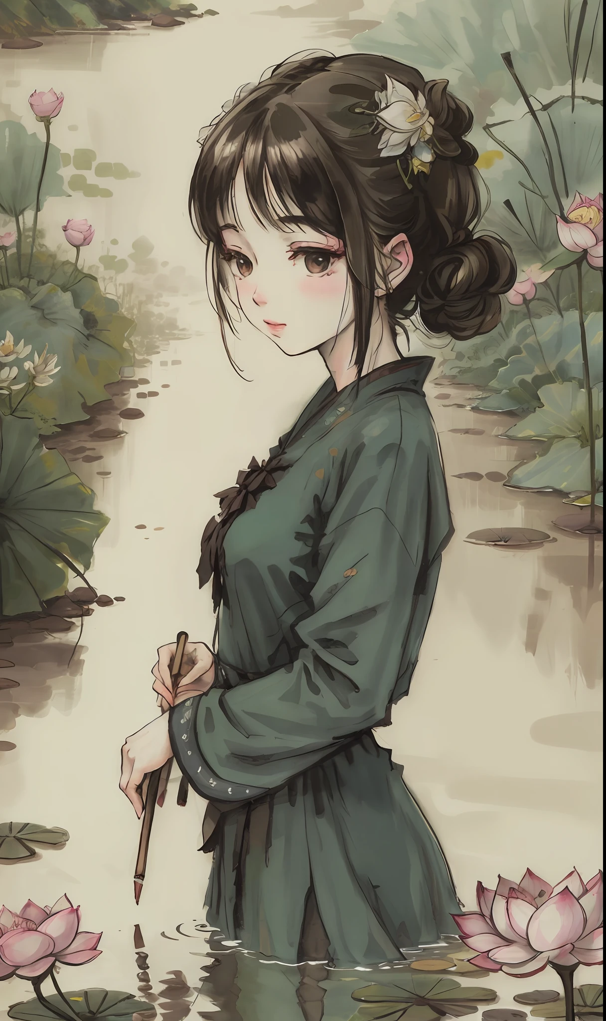 Ancient maiden,Write with a brush,In a lotus pond