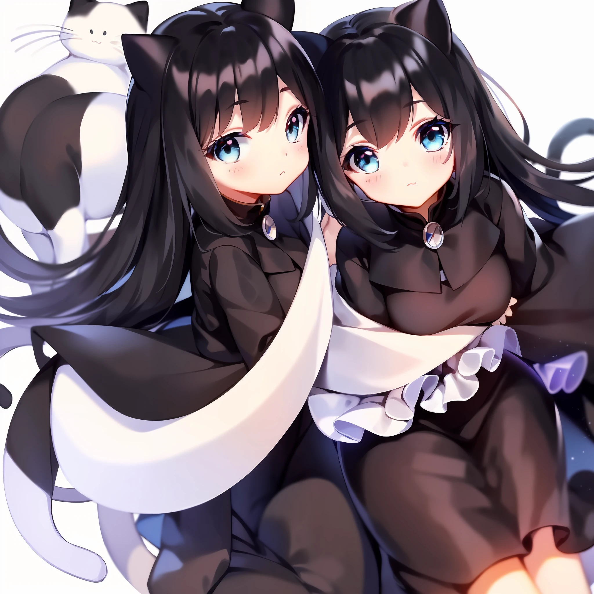 (tmasterpiece:1.1),(the detail:1.2),(gentlesoftlighting:1.1),(A cat girl with long black hair:1.3),blue color eyes, (Simple white background:1.05)