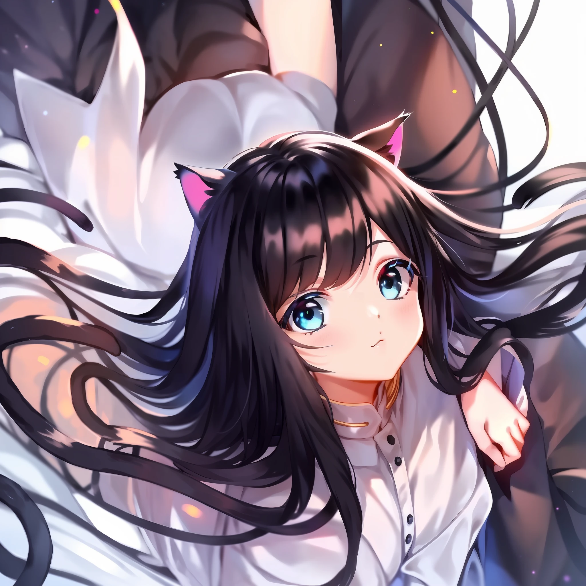 (tmasterpiece:1.1),(the detail:1.2),(gentlesoftlighting:1.1),(A cat girl with long black hair:1.3),blue color eyes, (Simple white background:1.05)