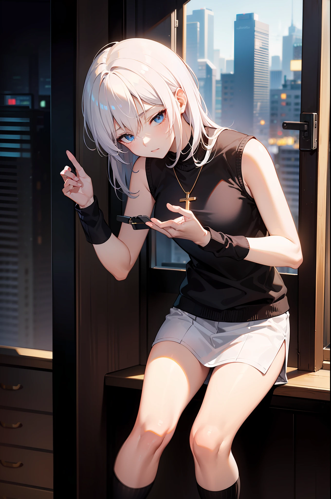 巨作, Best quality, 巨作,Best quality,offcial art,Extremely fine CG uni crewneck y 8k wallpaper, Golden hour lighting, strong rimlight, intense shading, at cyberpunk city, art book, Medium hair, White hair, Blue eyes, Small breasts, Sleeveless shirt, shortpants, kneehighs, jitome, Semi-closed Eyes, :crewneck, ((hair over shoulders)),hair between eye,(A look of disdain),(Gradient hair),dyed bangs,Cross necklace,,Long hair