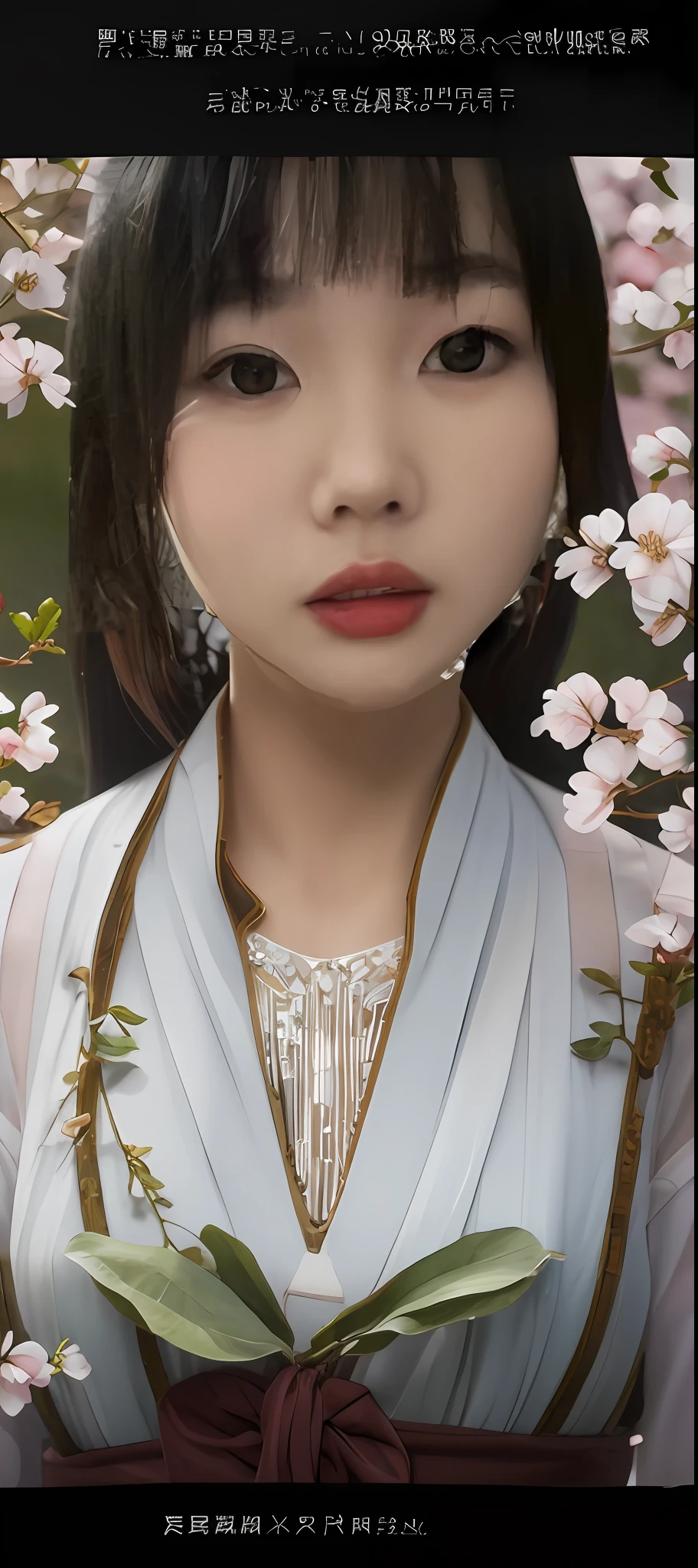 In high-quality antique pictures，The three-dimensional and deep landscape background blends with a traditional ancient building，The building is dotted with red cherry blossom petals，Reflect soft light and shadow into the clear still water，Paired with a beautiful girl，Long hair over the shoulder，Dressed in gorgeous Hanfu，Plain face to the sky，Quietly looking into the distance，Not afraid of any difficulties。