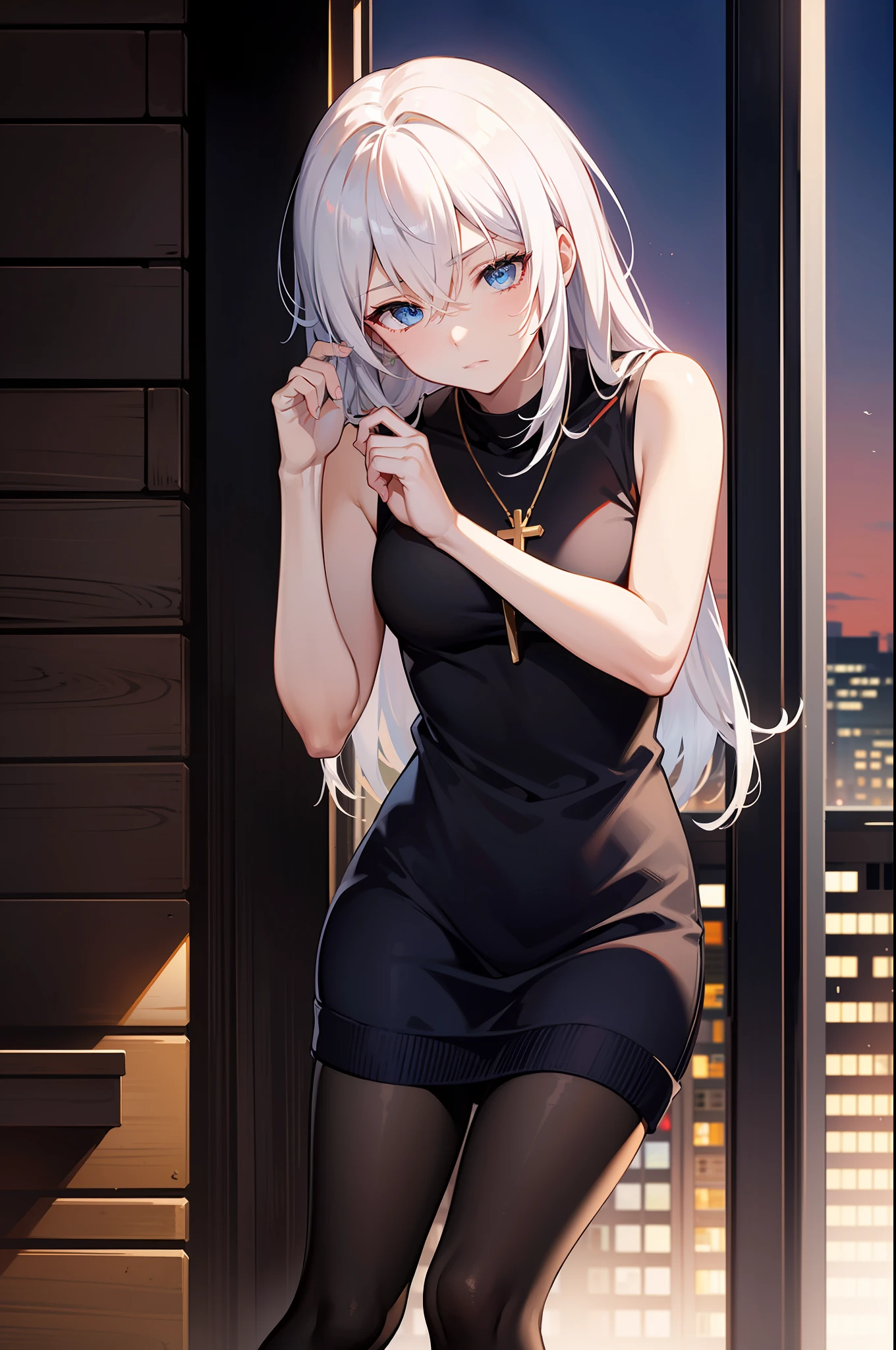 巨作, Best quality, 巨作,Best quality,offcial art,Extremely fine CG uni crewneck y 8k wallpaper, Golden hour lighting, strong rimlight, intense shading, at cyberpunk city, art book, Medium hair, White hair,  Blue eyes, Small breasts, Sleeveless shirt, shortpants, kneehighs, jitome, Semi-closed Eyes, :crewneck, ((hair over shoulders)),hair between eye,（A look of disdain），（Gradient hair）,dyed bangs,Cross necklace，,Long hair