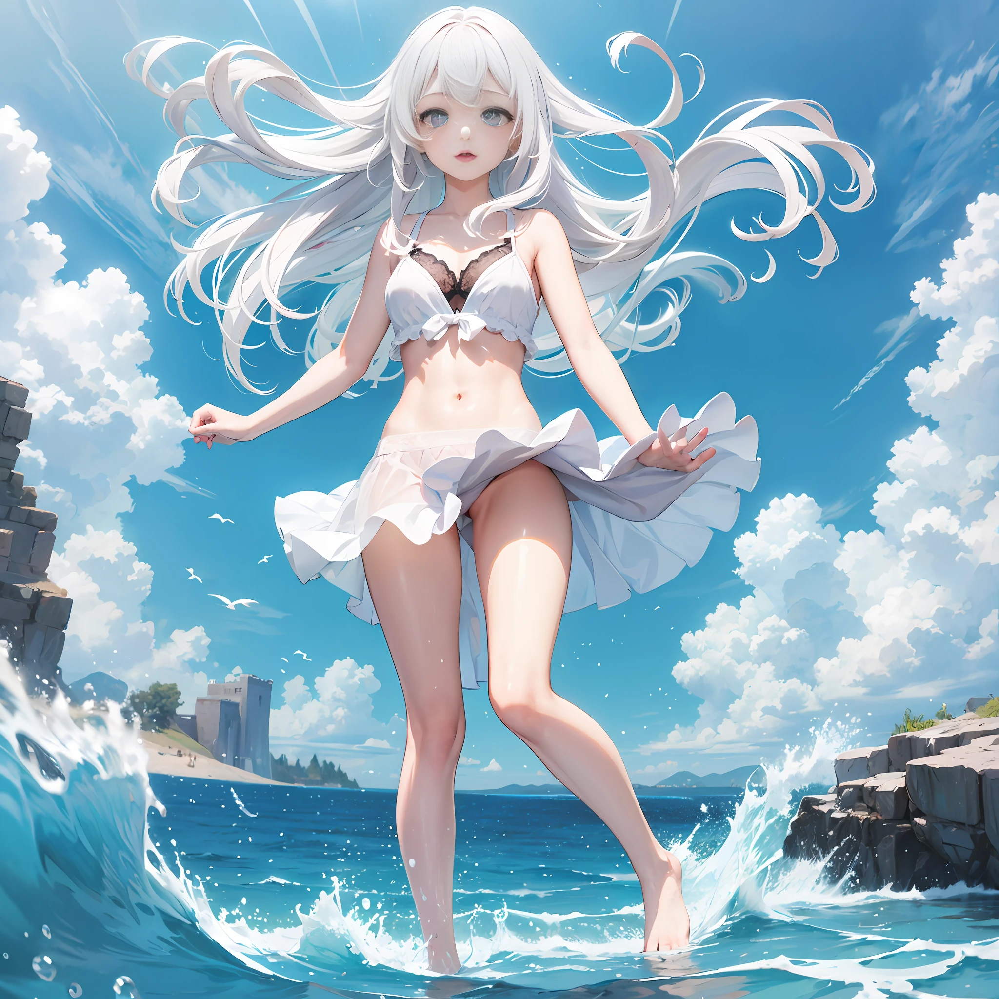 teens girl，White color hair，Wind，pools of water，Bare legged --auto