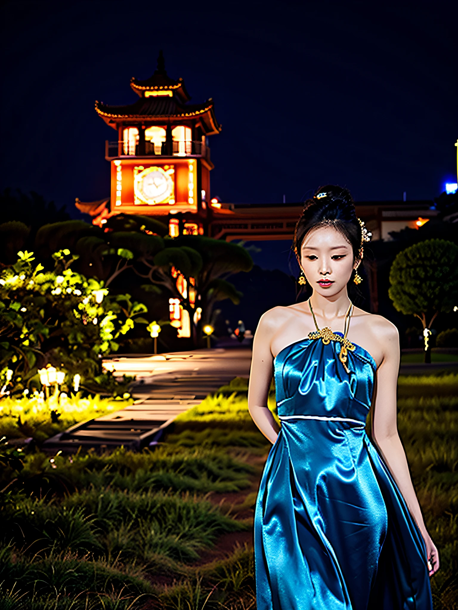 arafed woman in a dress standing in a grassy area, wenfei ye, mingchen shen, xintong chen, shaxi, yuxiang chen, Gemma Chen, lulu chen, Cheongsam, 2 0 2 0 fashion, Wu Liu, Chen Zezhou, Dressed in elegant dresses, photoshoot, xue han, inspired by Chen Chi, At night