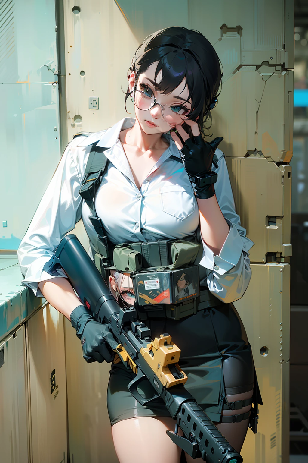 arafed woman in a white shirt and black skirt holding a gun, inspired by Leng Mei, with pistol, with rifle, mechanized soldier girl, professional cosplay, m4 sopmod ii girls frontline, jk uniform, cosplayer, sakimichan, quiet from metal gear solid, style kim jung gi, shooting pose, cyberpunk style outfit, cosplay