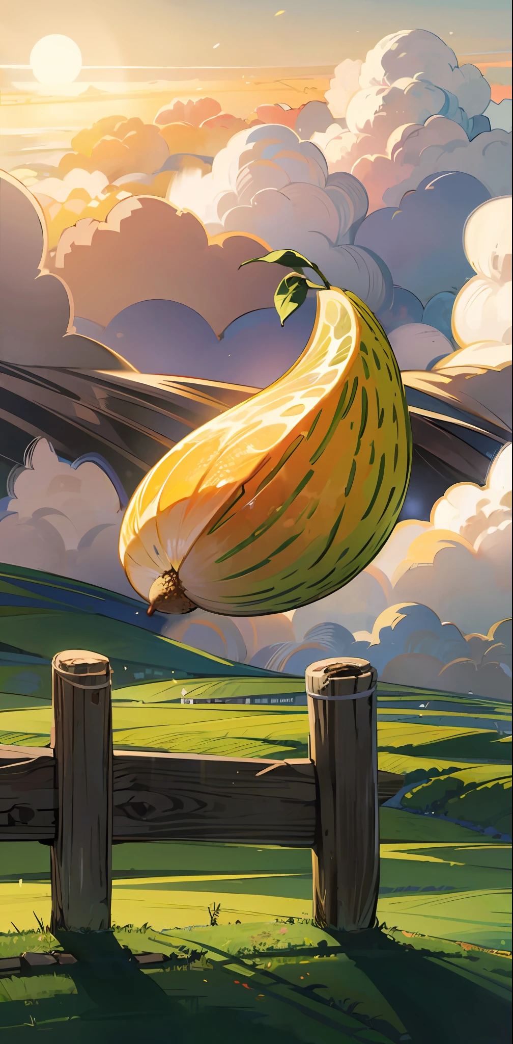 Fazenda, cerca, cerca de madeira, cercado, grama, warm ilumination, fruta gigante, grande fruta, fruta, fruta grande, fruto gigante, por do sol, nuvens
