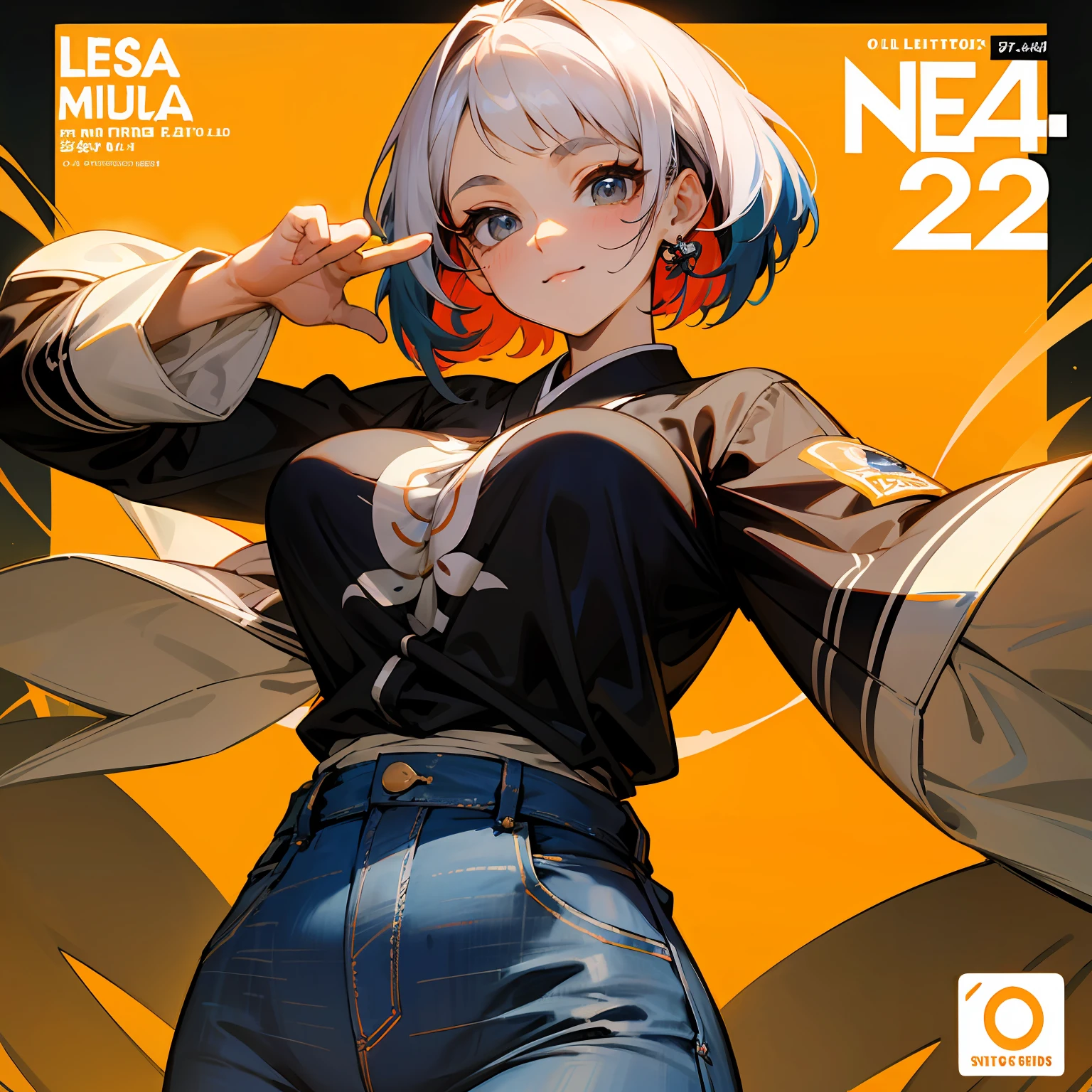 background, misto-language_text, letras japonesas em graffit , ashley alexiss mulher linda , longos cabelos negros, excellent lighting, sidelighting, perfeito ultimate (cor plana: 1.3), (magazine_cover: 1.4), (multicolored_background: 1.3), striped_background, card_background, :: discs with sharp, shiny blades in hand :: circular pieces of white metals glued to the ultra detailed arms coming out of shimmering glow, desenho de estrela negra estampada no meio da camisa , corpo escultural perfeita e detalhada, camisa ultra detalhado com desenho abstrato e com estampa de letras japonesas em grafit dos lados da roupa, worn jeans, big breast, com efeitos imersivos, efeito pairar, fundo estilo grafite tatuagem tribal com flores e cores vibrantes, "hdr ultra" detalhadas e com efeito de foco, (obra-prima: 1.2, melhor qualidade), (beautiful eyes with huge finely detailed eyelashes: 1.2), , ((Solo)), (Olhos finamente detalhados e rosto detalhado :1.3), Perfect hands with 5 fingers and ultra detailed