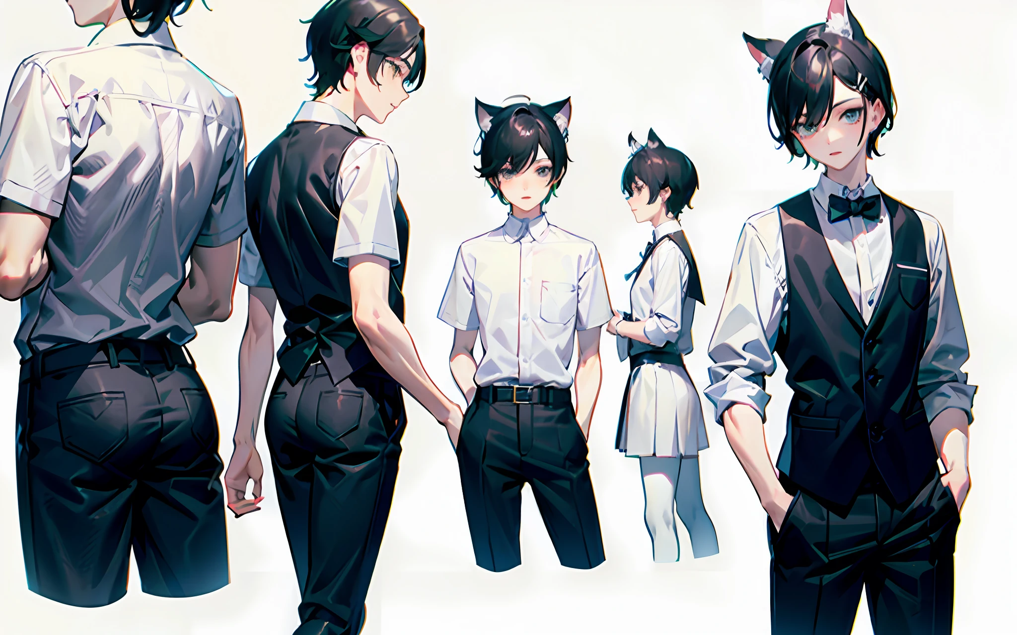 DK school uniform，Male Shota，lean and thin，White and tender，No body hair，No muscle，black color hair，adolable，shortpants，White stockings，White cat ears，Shirt clips