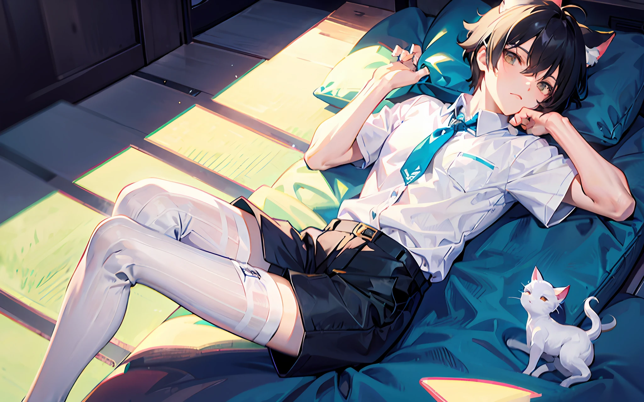DK school uniform,Male Shota,lean and thin,White and tender,No body hair,No muscle,black color hair,adolable,shortpants,White stockings,White cat ears,Shirt clips