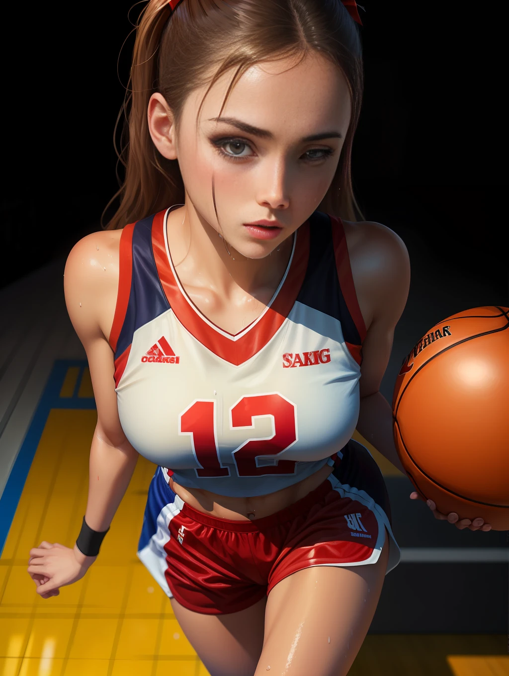 (Digital Painting),(Best Quality), 1girl in,basketball uniform,charming face,small head,big beatiful eyes,large breasts,Trained abs,nice legs,wet skins sweat,basketball Venues,Dramatic light,from above