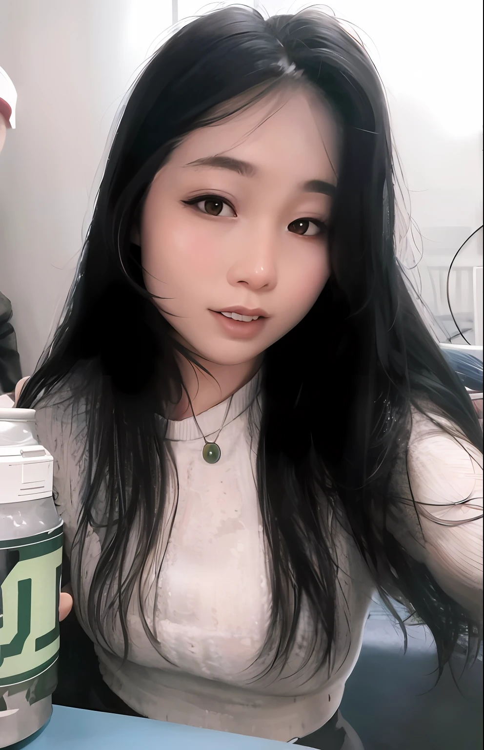 There was a woman sitting at the table,Holding a can of food in his hand, 2 7 years old, 2 8 years old, A young Asian woman, 2 3 years old, 2 2 years old, xision wu, 2 9 years old, 21 years old, wenfei ye, xintong chen, Lin Qifeng, With long hair, Zhang Wanting,big breasts exposed cleavage