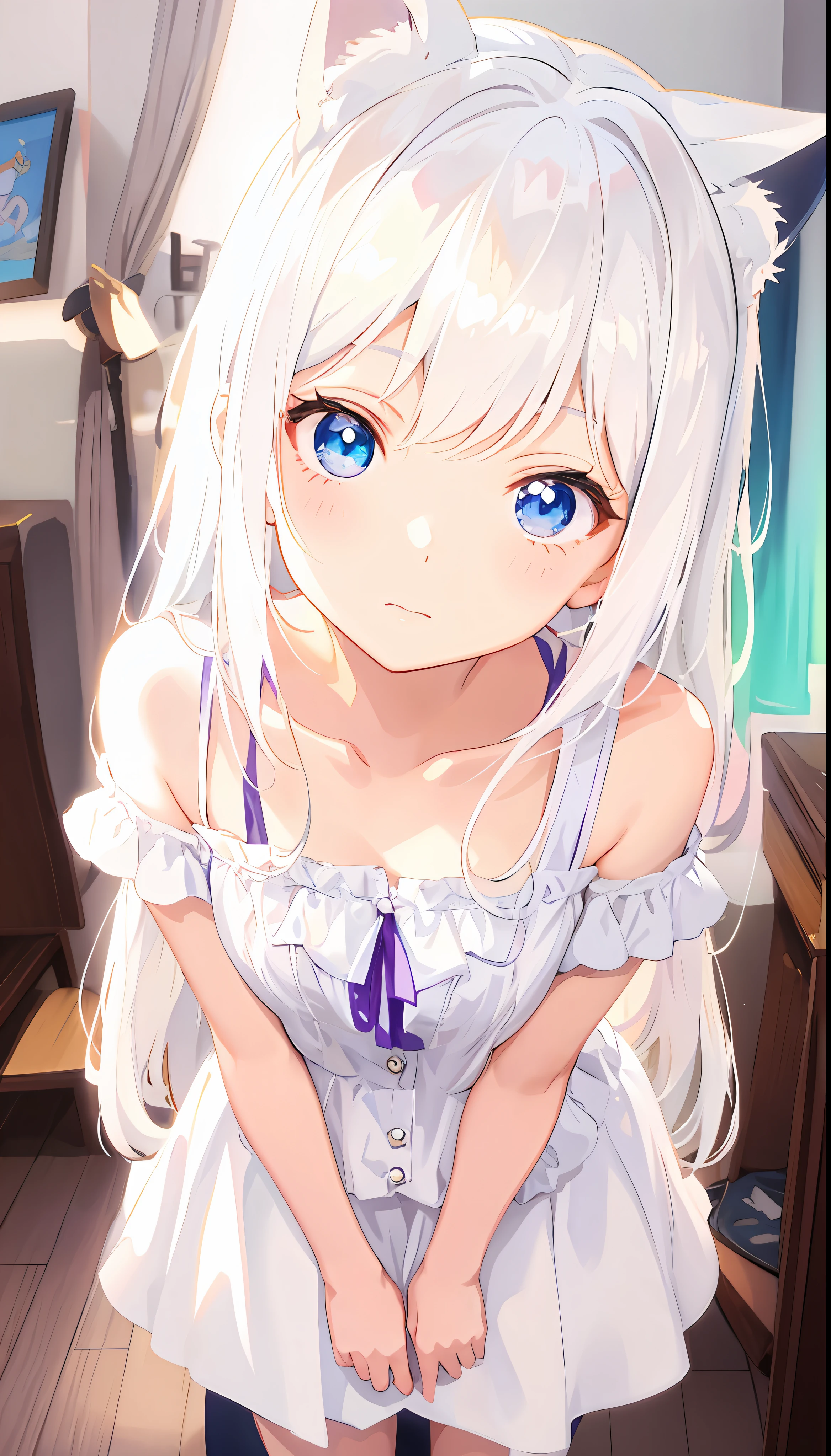 anime girl with white hair and blue eyes in a room, Perfect white haired girl, Girl with white hair, loli in dress, anime visual of a cute girl, Cute anime girl, Beautiful anime girl, pretty anime girl, girl with white eyes, seductive anime girls, up of young anime girl, a beautiful anime portrait, Smooth anime CG art, anime best girl, An anime girl