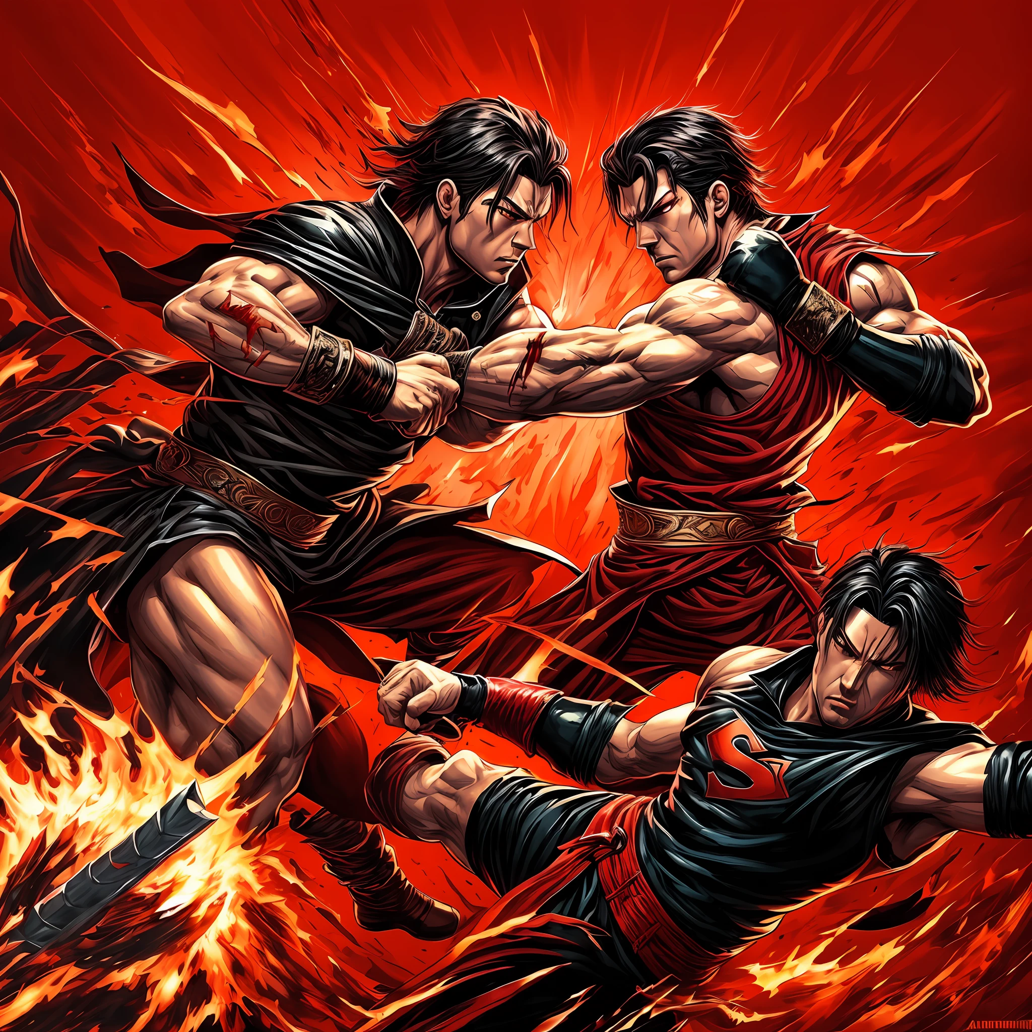 Black and red background, super painting style tension, blood fighting, male fantasy fighting method, law heaven and earth --auto