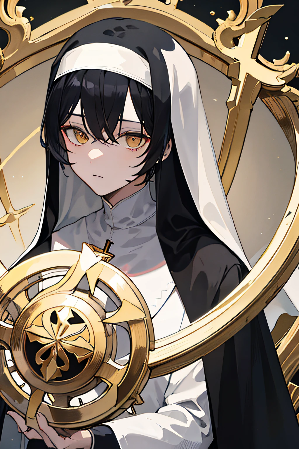 Black hair，The hairstyle is M-shaped bangs，Golden eyes，With an alienated indifference on his face，noble，Wearing nun clothes，Holding a huge reverse cross in his hand，Evil God
